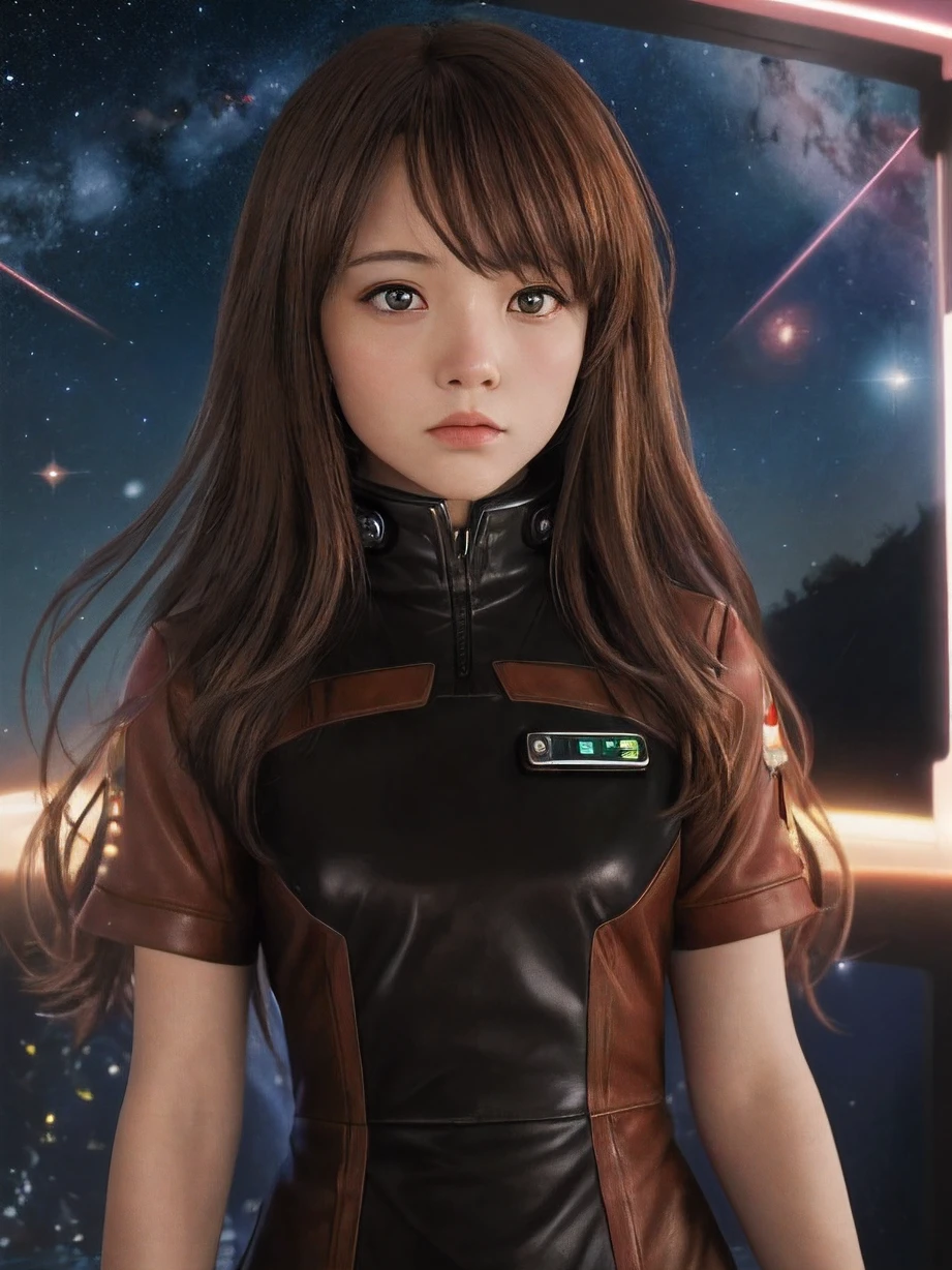 (highres, best quality:1.2), 1girl, upper body, Asahina Mikuru, mikuru1, guardians of the Galaxy, solo, brown fluffy hair, long hair, brown eyes, sad, scared, space black sci-fi dress, ((photo)), 8k, beautiful teenage girl, starry sky