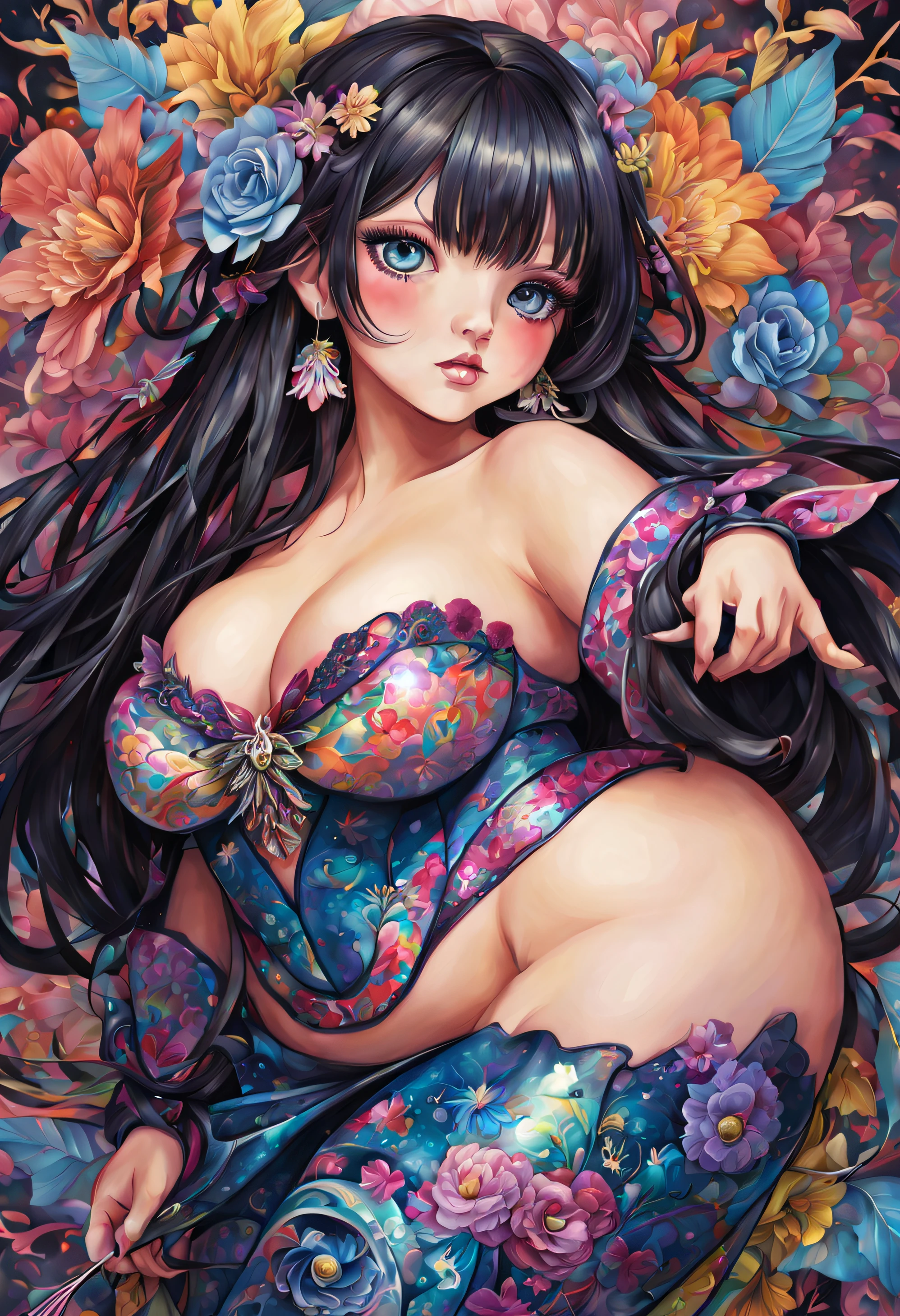 Cute colorful magical geisha
,sparkles, Holographic filigree, goth girl, corset, large breasts, plus size, curvy, flowing hair. reflective  eyes, intricate extremely hyperdetailed, filigree, looks into the camera, big round detailed eyes, cute, adorable, cute, flowers,  very fluffy, detailed eyes, magic, surrealism, fantasy, digital art, by Ross Tran, lop-eared, Artgerm and James Jean, Brian Froud,  , Naimi Kanani intricate art masterpiece, golden ratio, intricate art station trend,highly detailed,ultra-high quality,