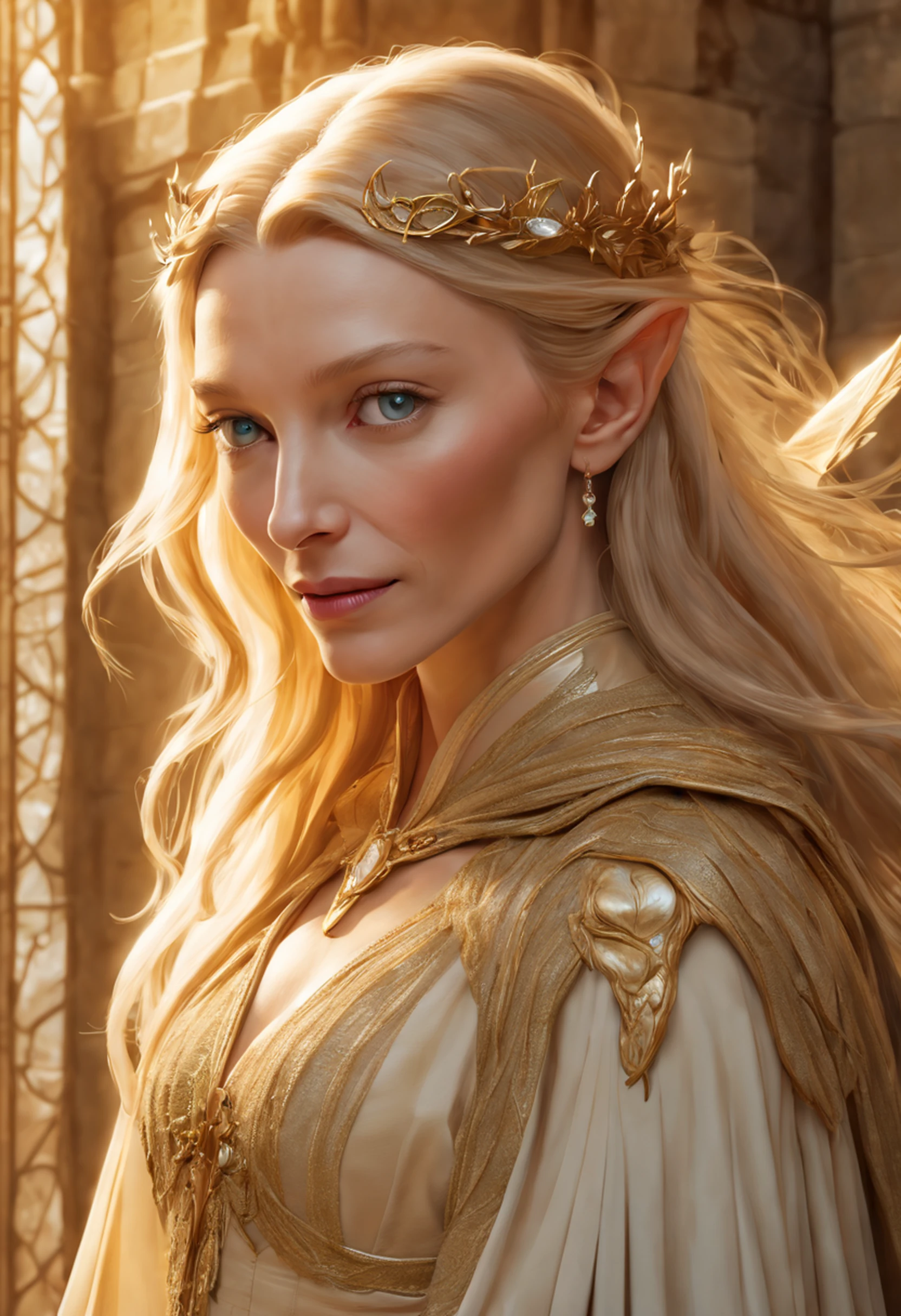 ((Cate Blanchett), (Galadriel)),  estilo modelshoot, Parece Keira Knightley, (extremamente detalhado CG unidade 8k papel de parede), foto corporal completa da obra de arte mais bonita do mundo, Bruxa medieval inglesa, Vale Verde, pearl skin,coroa de ouro, ouros, Plano de fundo detalhado com arquitetura medieval, professional majestic oil painting by Ed Blinkey, Atey Ghailan, ghibli studio, Directed by: Jeremy Mann, Greg Manxadinho, Antonio Moro, trending on ArtStation, trending in cgsociety, intrincado, High detail, foco nítido, Dramatic, Arte de pintura fotorrealista de Midjourney e Greg Rutkowski