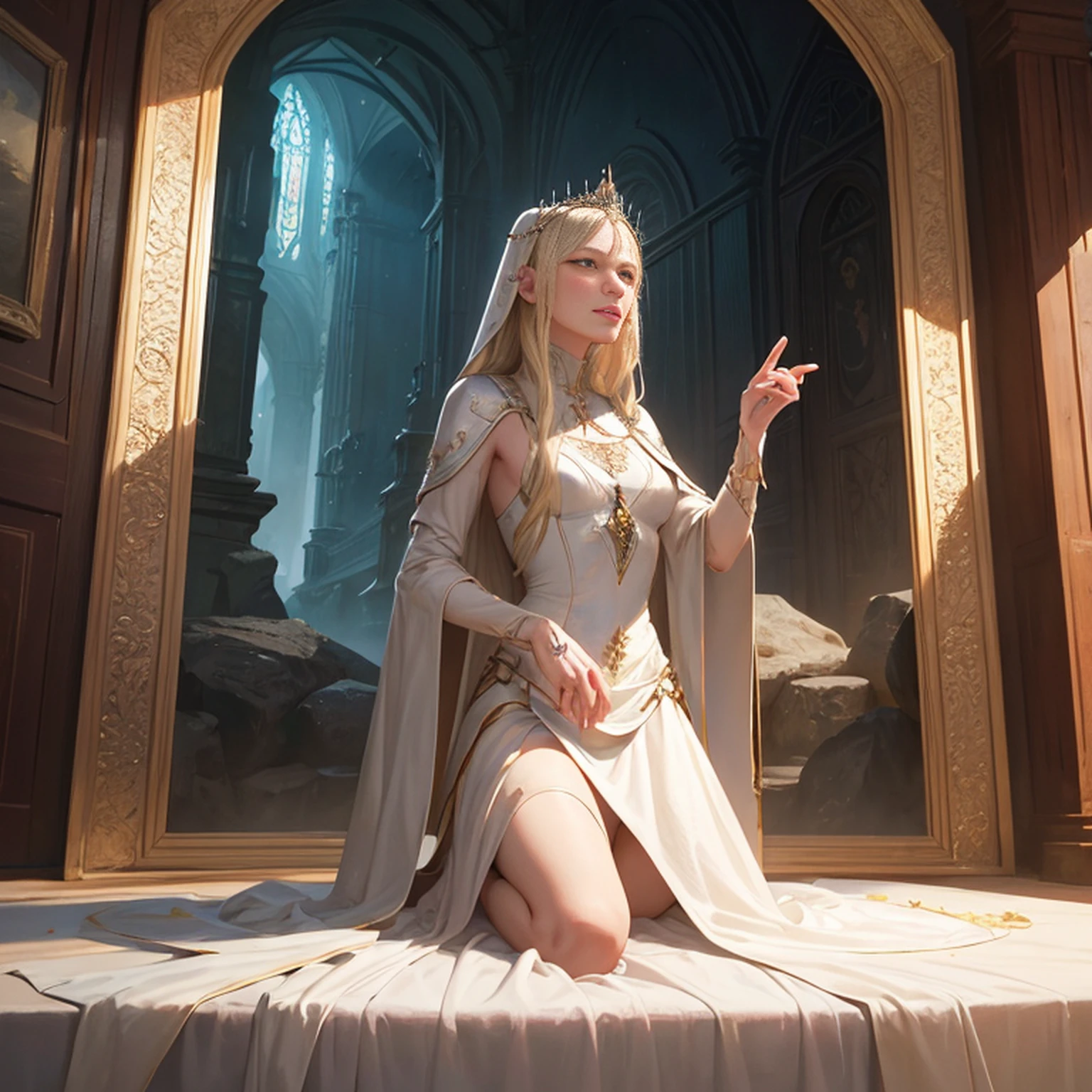 ((Cate Blanchett), (Galadriel)), estilo modelshoot, Parece Keira Knightley, (extremamente detalhado CG unidade 8k papel de parede), foto corporal completa da obra de arte mais bonita do mundo, Bruxa medieval inglesa, Vale Verde, pearl skin,coroa de ouro, ouros, Plano de fundo detalhado com arquitetura medieval, professional majestic oil painting by Ed Blinkey, Atey Ghailan, ghibli studio, Directed by: Jeremy Mann, Greg Manxadinho, Antonio Moro, trending on ArtStation, trending in cgsociety, intrincado, High detail, foco nítido, Dramatic, Arte de pintura fotorrealista de Midjourney e Greg Rutkowski