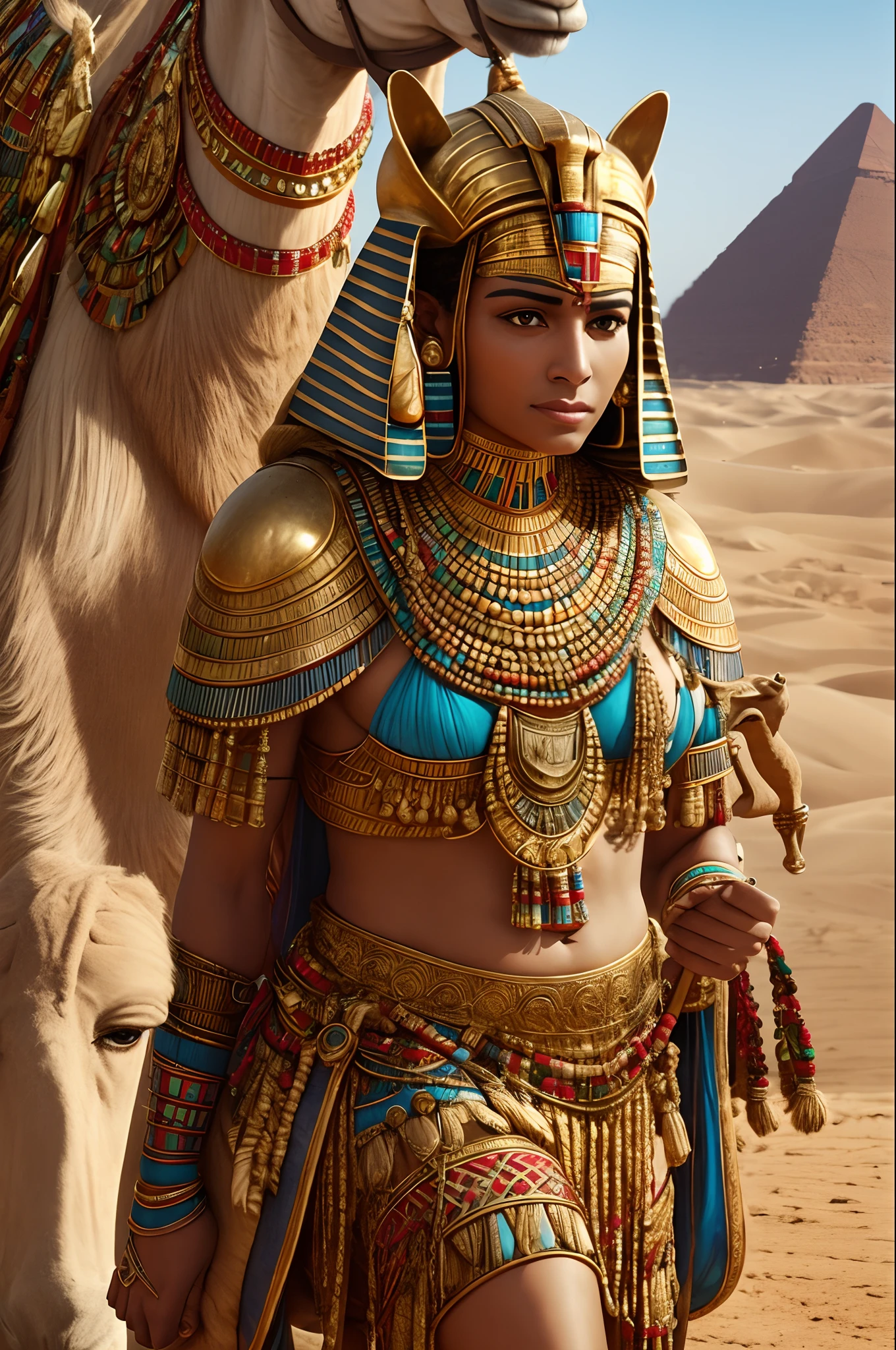 an Egyptian combatent with a golden staff in one hand, sitting on a camel, walking in the desert. Egyptian necklaces.[wealth, fortune, extremely realistic, 8k, detailed], size 300;250 pixels  - --auto --s2