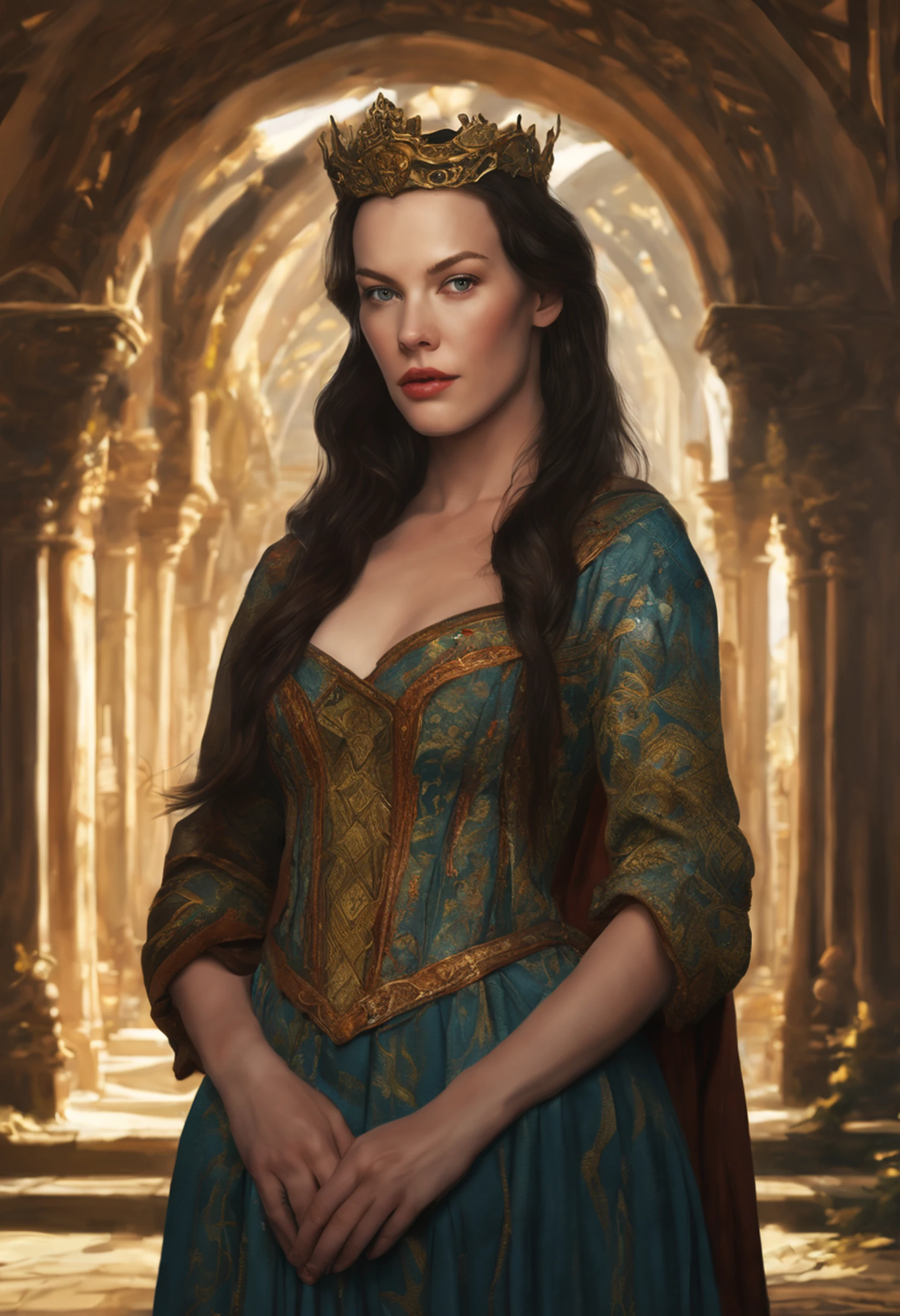 ((Liv Tyler), (Arwen)), estilo modelshoot, Parece Keira Knightley, (extremamente detalhado CG unidade 8k papel de parede), foto corporal completa da obra de arte mais bonita do mundo, Bruxa medieval inglesa, Vale Verde, pearl skin,coroa de ouro, ouros, Plano de fundo detalhado com arquitetura medieval, professional majestic oil painting by Ed Blinkey, Atey Ghailan, ghibli studio, Directed by: Jeremy Mann, Greg Manxadinho, Antonio Moro, trending on ArtStation, trending in cgsociety, intrincado, High detail, foco nítido, Dramatic, Arte de pintura fotorrealista de Midjourney e Greg Rutkowski