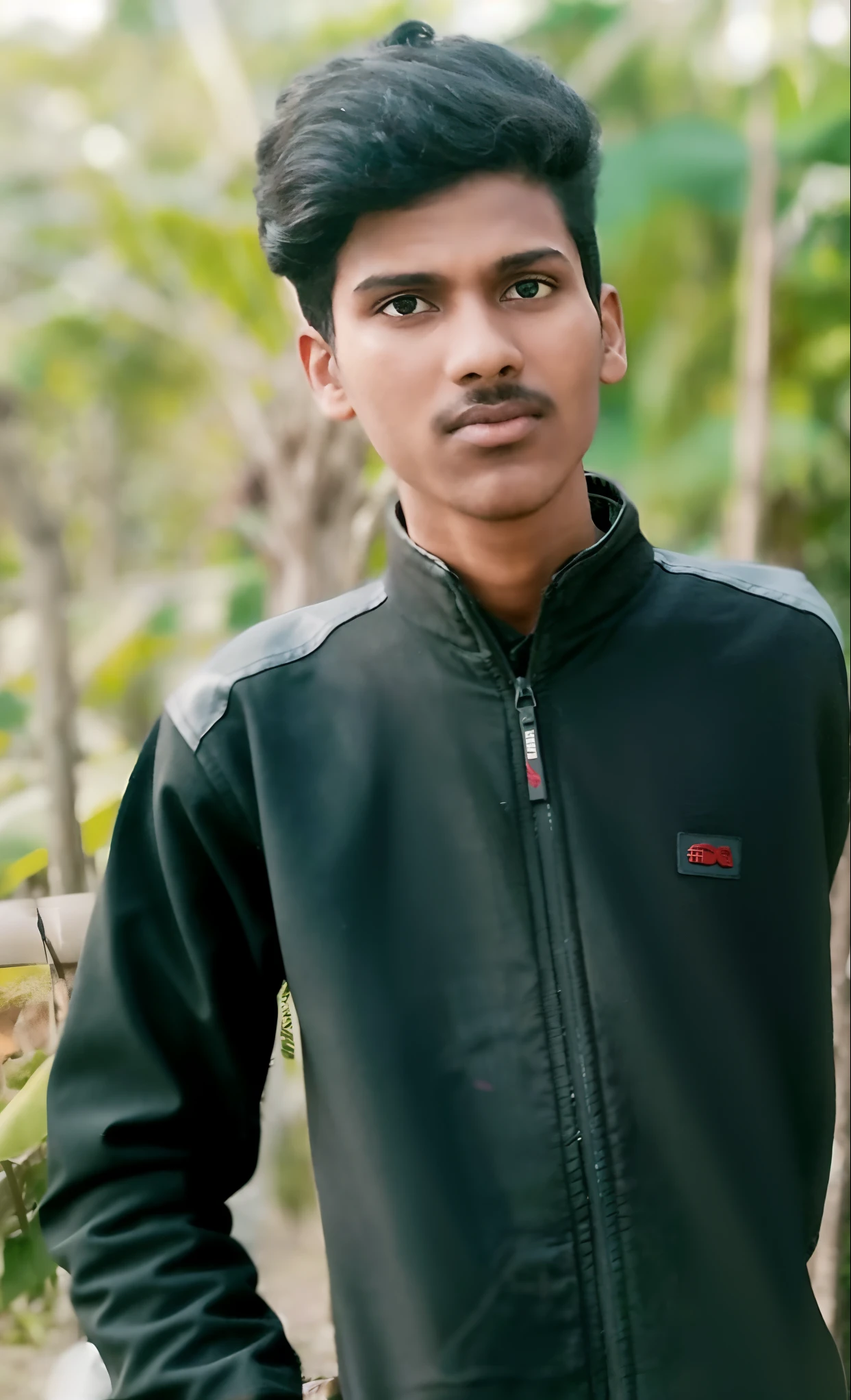 arafed man in black jacket standing in front of a tree, jayison devadas, around 1 9 , ayan nag, in front of a forest background, without helmet, jayison devadas style, vinayak, portait image, mohamed chahin, vastayan, very very low quality picture, a photo of a man, very clear picture