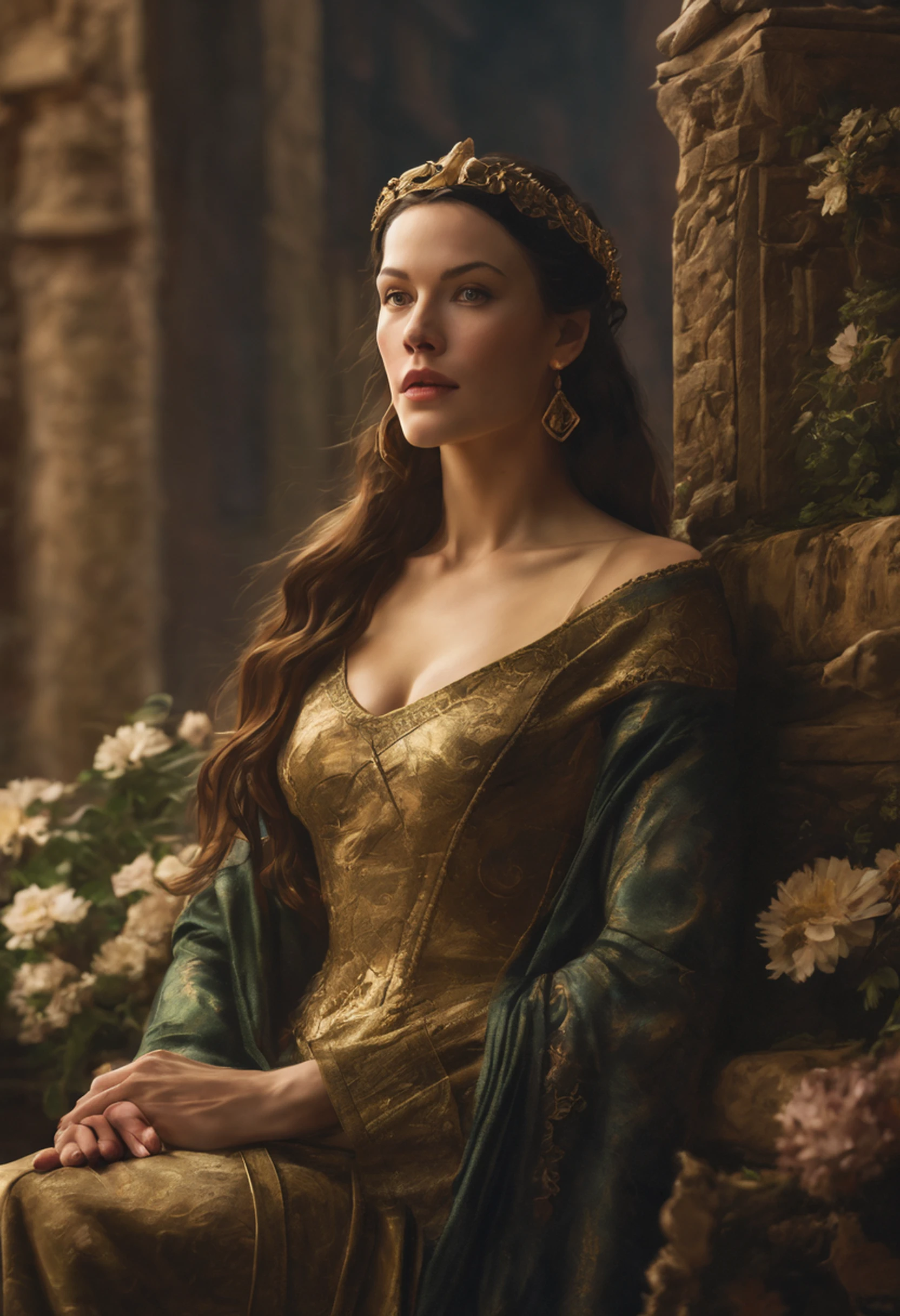 ((Liv Tyler), (Arwen)), estilo modelshoot, Parece Keira Knightley, (extremamente detalhado CG unidade 8k papel de parede), foto corporal completa da obra de arte mais bonita do mundo, Bruxa medieval inglesa, Vale Verde, pearl skin,coroa de ouro, ouros, Plano de fundo detalhado com arquitetura medieval, professional majestic oil painting by Ed Blinkey, Atey Ghailan, ghibli studio, Directed by: Jeremy Mann, Greg Manxadinho, Antonio Moro, trending on ArtStation, trending in cgsociety, intrincado, High detail, foco nítido, Dramatic, Arte de pintura fotorrealista de Midjourney e Greg Rutkowski