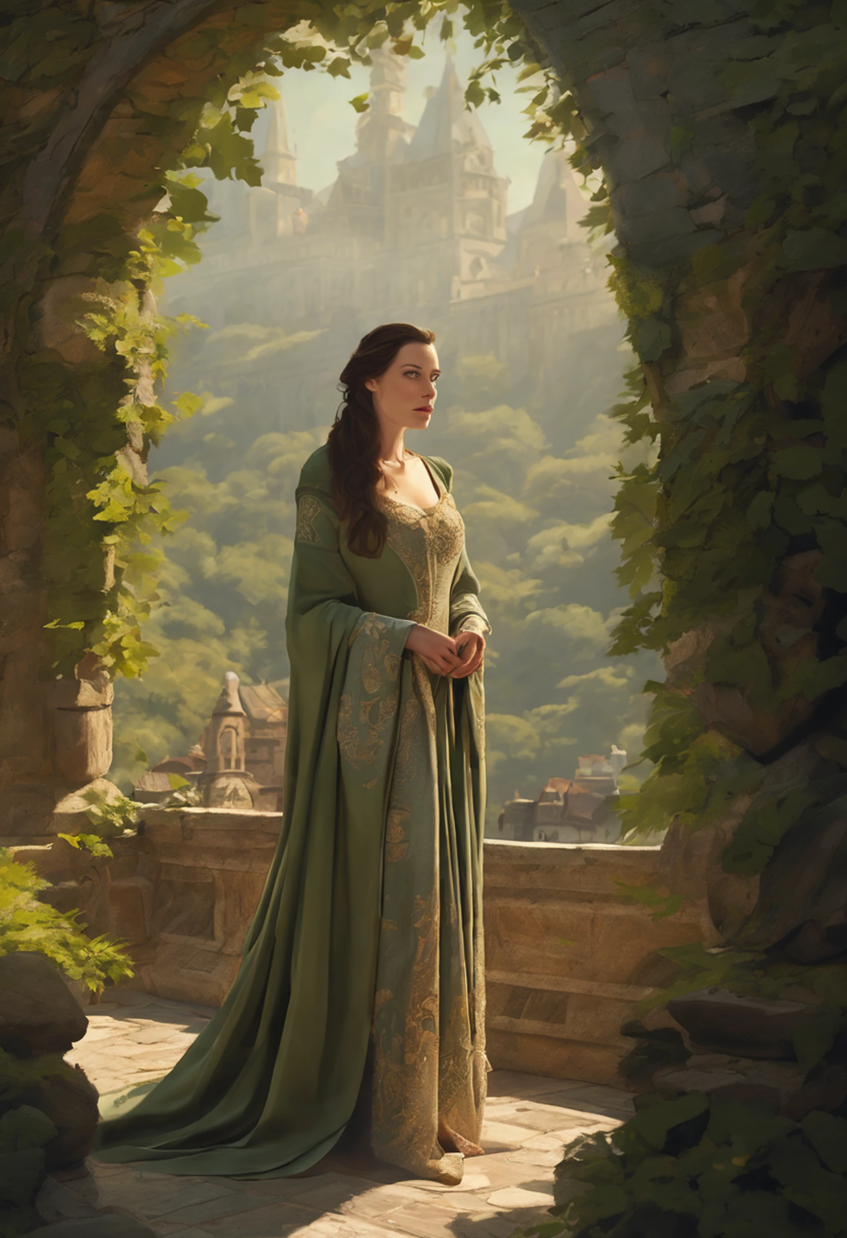 ((Liv Tyler), (Arwen)), estilo modelshoot, Parece Keira Knightley, (extremamente detalhado CG unidade 8k papel de parede), foto corporal completa da obra de arte mais bonita do mundo, Bruxa medieval inglesa, Vale Verde, pearl skin,coroa de ouro, ouros, Plano de fundo detalhado com arquitetura medieval, professional majestic oil painting by Ed Blinkey, Atey Ghailan, ghibli studio, Directed by: Jeremy Mann, Greg Manxadinho, Antonio Moro, trending on ArtStation, trending in cgsociety, intrincado, High detail, foco nítido, Dramatic, Arte de pintura fotorrealista de Midjourney e Greg Rutkowski