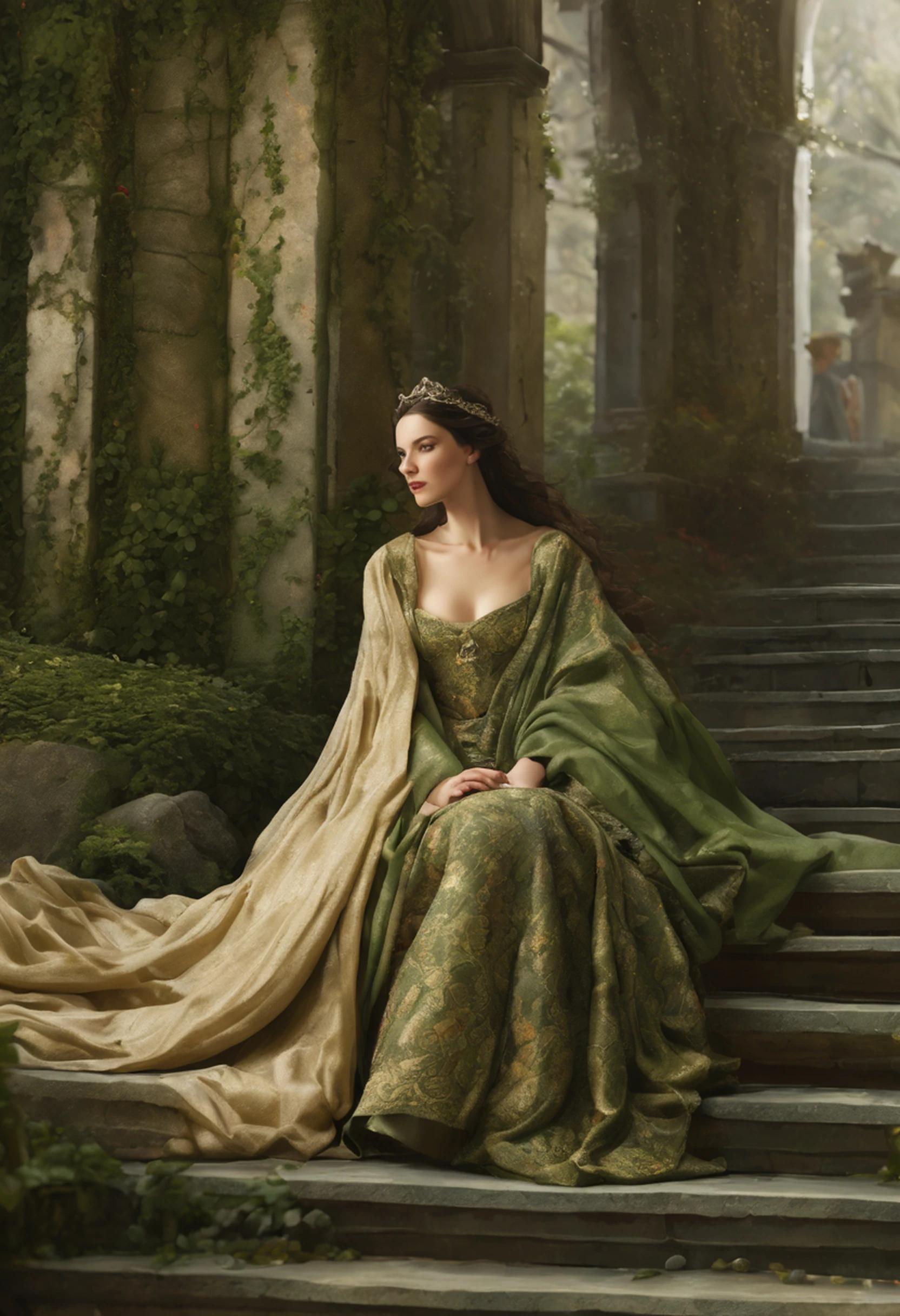 ((Liv Tyler), (Arwen)),  estilo modelshoot, Parece Keira Knightley, (extremamente detalhado CG unidade 8k papel de parede), foto corporal completa da obra de arte mais bonita do mundo, Bruxa medieval inglesa, Vale Verde, pearl skin,coroa de ouro, ouros, Plano de fundo detalhado com arquitetura medieval, professional majestic oil painting by Ed Blinkey, Atey Ghailan, ghibli studio, Directed by: Jeremy Mann, Greg Manxadinho, Antonio Moro, trending on ArtStation, trending in cgsociety, intrincado, High detail, foco nítido, Dramatic, Arte de pintura fotorrealista de Midjourney e Greg Rutkowski