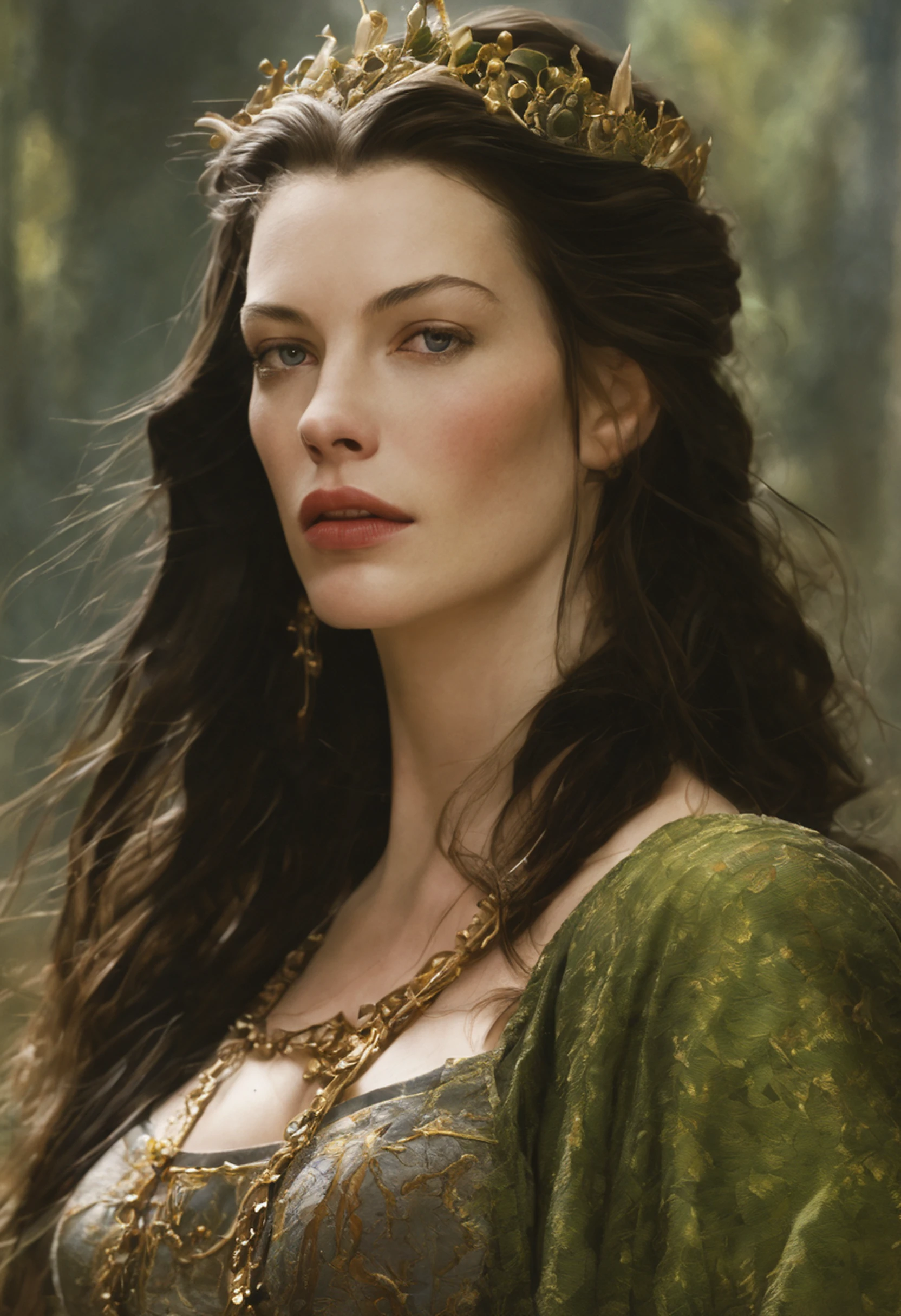 ((Liv Tyler), (Arwen)),  estilo modelshoot, Parece Keira Knightley, (extremamente detalhado CG unidade 8k papel de parede), foto corporal completa da obra de arte mais bonita do mundo, Bruxa medieval inglesa, Vale Verde, pearl skin,coroa de ouro, ouros, Plano de fundo detalhado com arquitetura medieval, professional majestic oil painting by Ed Blinkey, Atey Ghailan, ghibli studio, Directed by: Jeremy Mann, Greg Manxadinho, Antonio Moro, trending on ArtStation, trending in cgsociety, intrincado, High detail, foco nítido, Dramatic, Arte de pintura fotorrealista de Midjourney e Greg Rutkowski