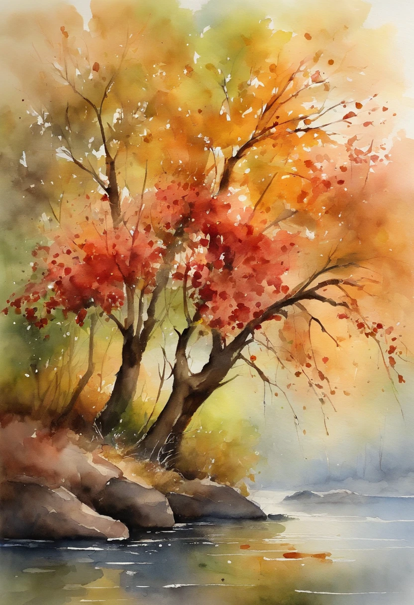 Create a watercolor masterpiece, Tree Watercolors of weeping willows, cherry blossom trees, and autumn maples with loose wet-on-wet techniques.
