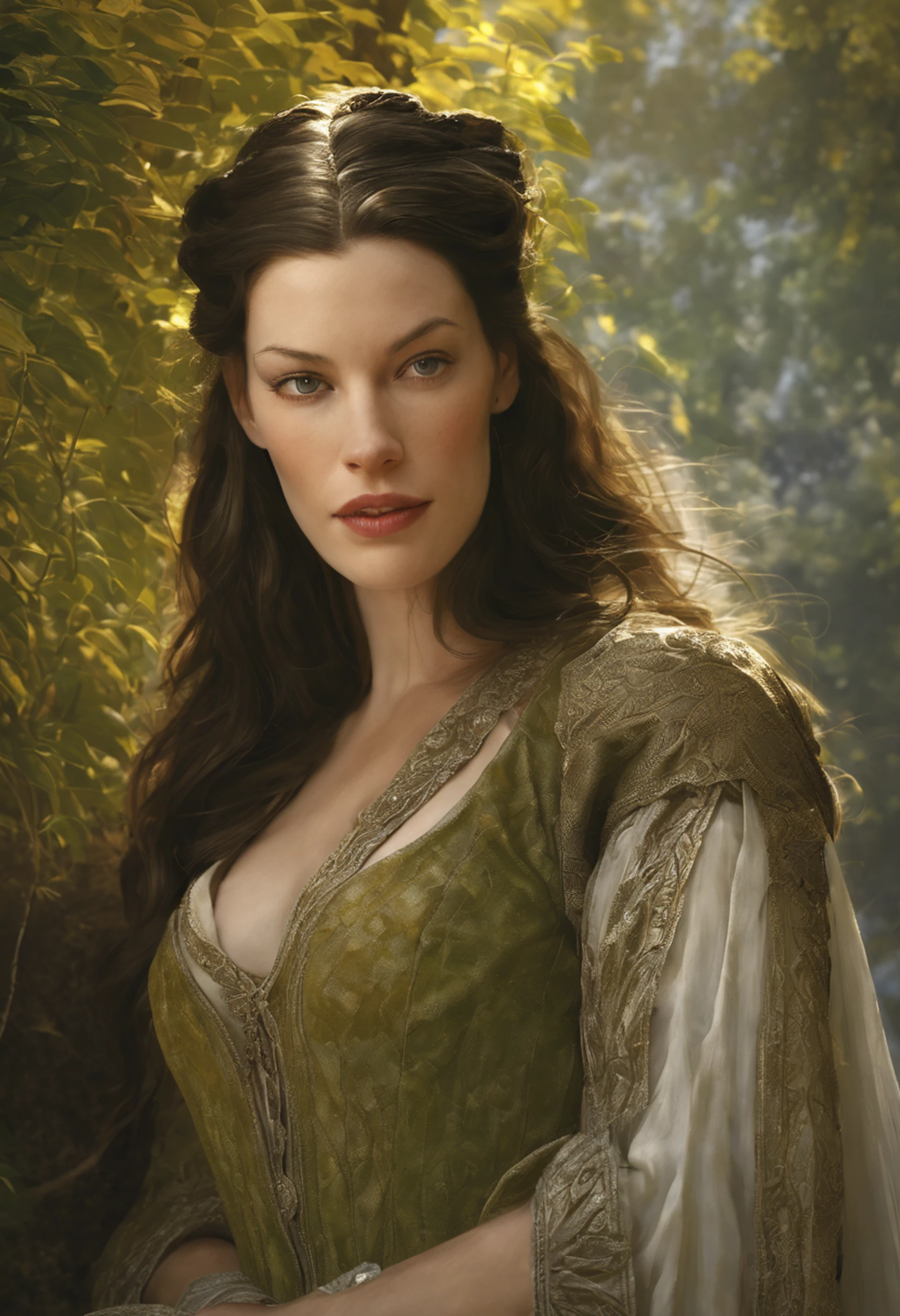 ((Liv Tyler), (Arwen)),  estilo modelshoot, Parece Keira Knightley, (extremamente detalhado CG unidade 8k papel de parede), foto corporal completa da obra de arte mais bonita do mundo, Bruxa medieval inglesa, Vale Verde, pearl skin,coroa de ouro, ouros, Plano de fundo detalhado com arquitetura medieval, professional majestic oil painting by Ed Blinkey, Atey Ghailan, ghibli studio, Directed by: Jeremy Mann, Greg Manxadinho, Antonio Moro, trending on ArtStation, trending in cgsociety, intrincado, High detail, foco nítido, Dramatic, Arte de pintura fotorrealista de Midjourney e Greg Rutkowski