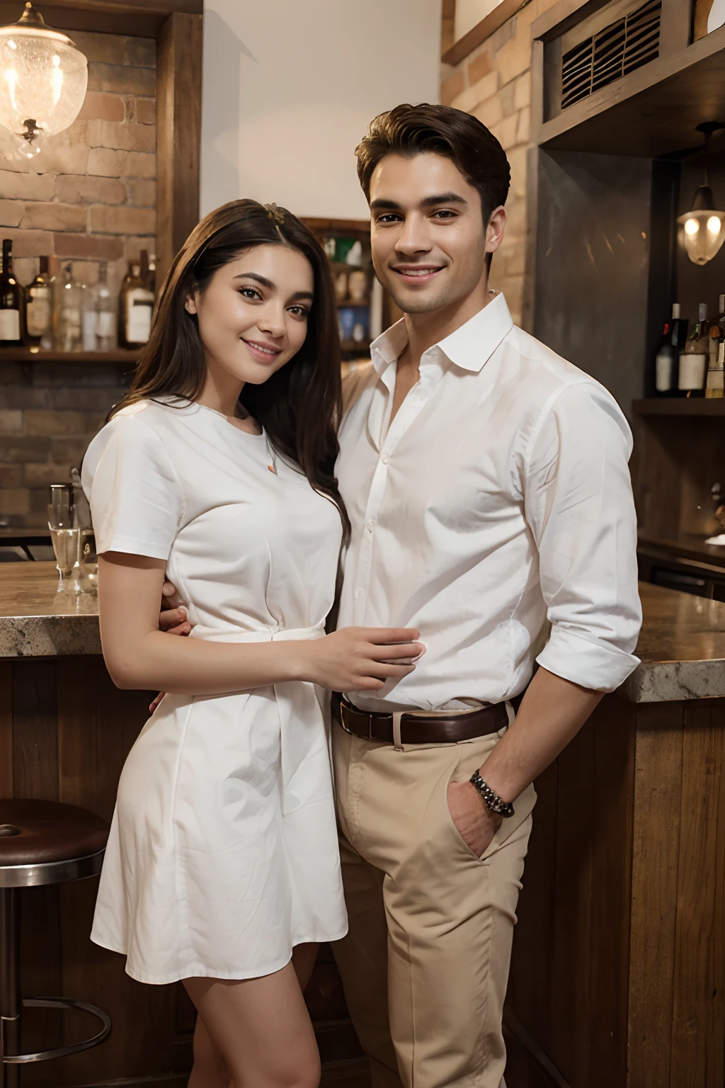 a man and woman standing in front of a bar smiling, renaissance, portrait of two people, couples portrait, couple portrait, perfect eyebrow, perfect lips, perfect nose, new modern, on a background, smiling couple, 8k, realistic, natural skin sharp features, high definition, sharp focus, detailed face, long hair, black hair, good lighting, fair skin, high heels, ultra HD, woman holding hands with man, both standing straight, wearing nice dress, man wearing white shirt
