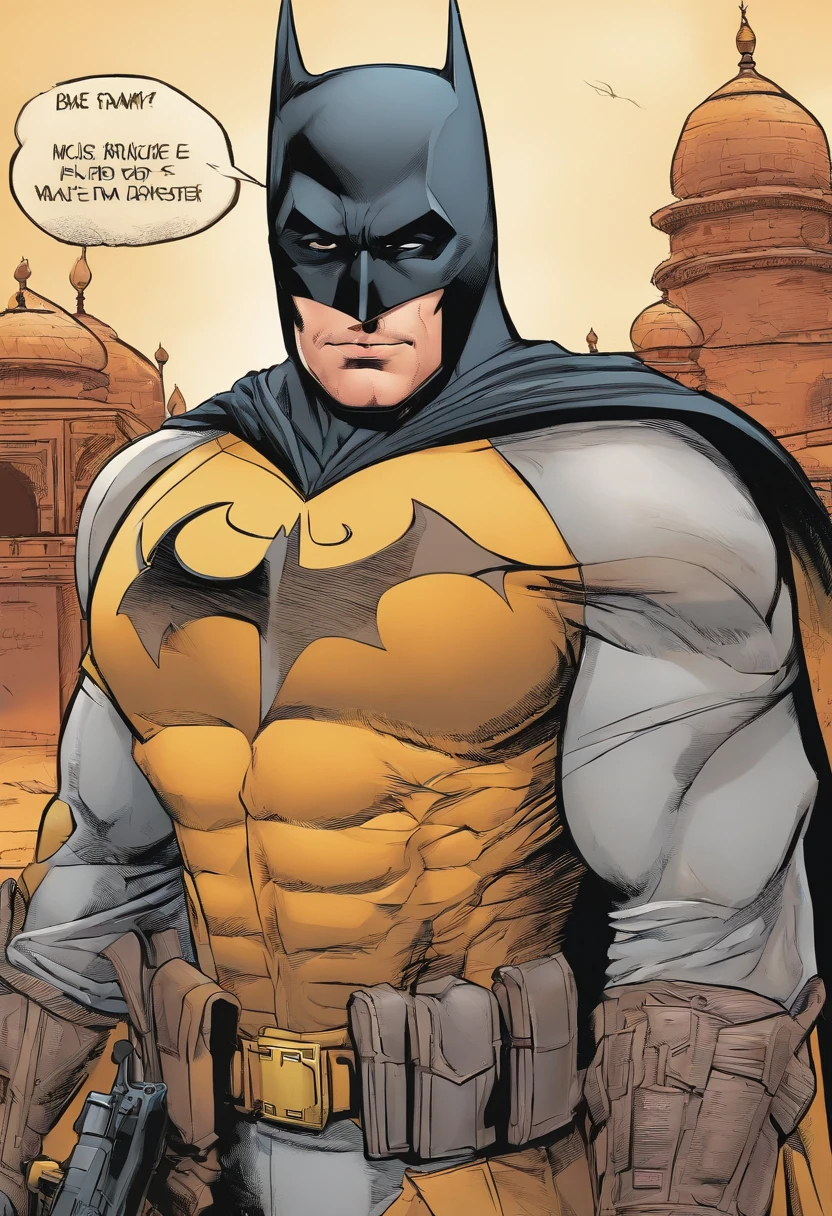 Batman, tan armor, mosque , AK-47, turban
