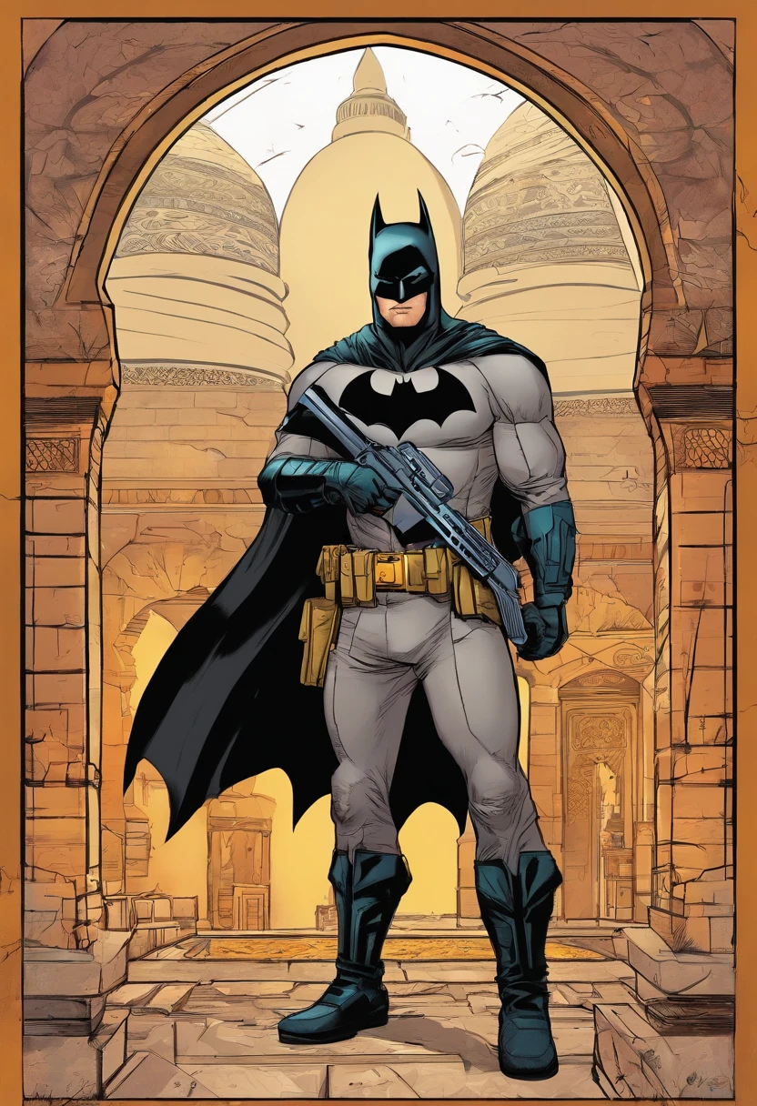 Batman, tan armor, mosque , AK-47, turban