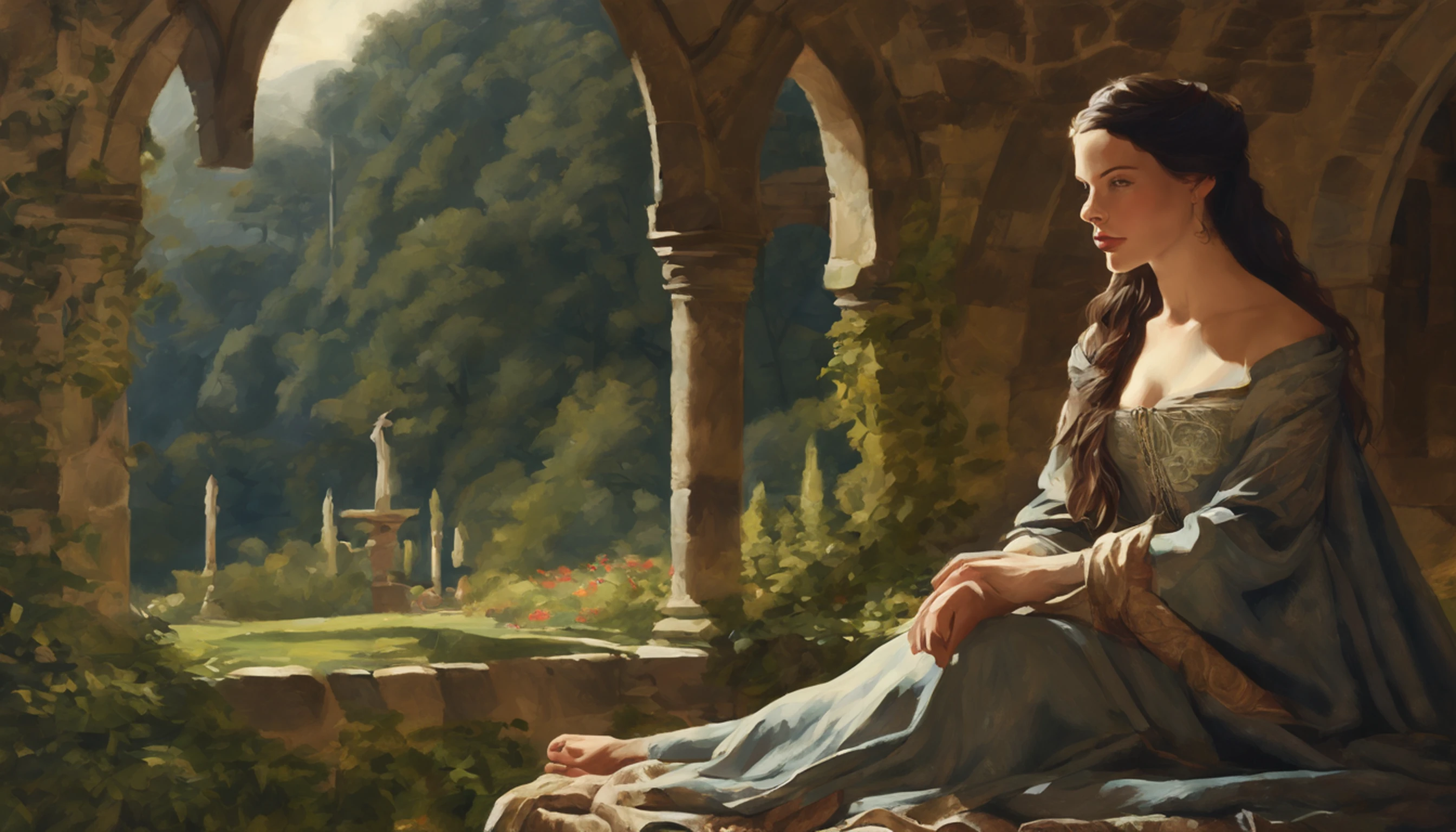 ((Liv Tyler), (Arwen)), estilo modelshoot, Parece Keira Knightley, (extremamente detalhado CG unidade 8k papel de parede), foto corporal completa da obra de arte mais bonita do mundo, Bruxa medieval inglesa, Vale Verde, pearl skin,coroa de ouro, ouros, Plano de fundo detalhado com arquitetura medieval, professional majestic oil painting by Ed Blinkey, Atey Ghailan, ghibli studio, Directed by: Jeremy Mann, Greg Manxadinho, Antonio Moro, trending on ArtStation, trending in cgsociety, intrincado, High detail, foco nítido, Dramatic, Arte de pintura fotorrealista de Midjourney e Greg Rutkowski