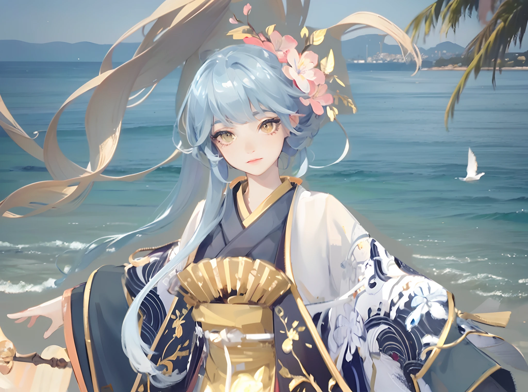 (best quality,4k,8k,highres,masterpiece:1.2),ultra-detailed,(realistic,photorealistic,photo-realistic:1.37),seaside,sunset,serene,calm,peaceful,beautiful landscape,vibrant colors,gentle waves,tranquil,sparkling water,sand dunes,silhouettes of palm trees,golden reflections on the water,soft sandy beach,orange and pink hues, ethereal atmosphere,romantic,serene,soft light,lush vegetation,seagulls flying,seashells on the shore
