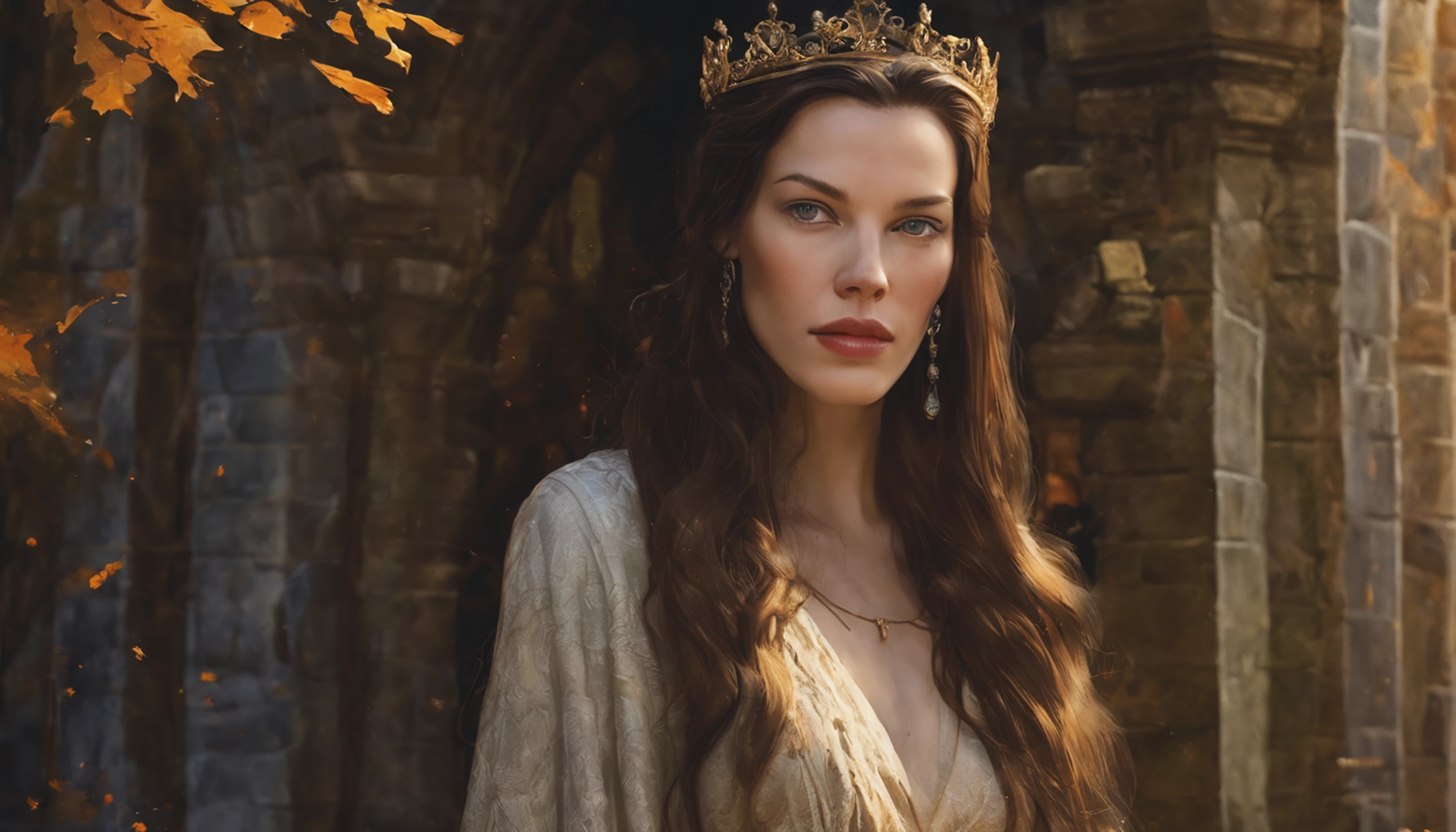 ((Liv Tyler), (Arwen)), estilo modelshoot, Parece Keira Knightley, (extremamente detalhado CG unidade 8k papel de parede), foto corporal completa da obra de arte mais bonita do mundo, Bruxa medieval inglesa, Vale Verde, pearl skin,coroa de ouro, ouros, Plano de fundo detalhado com arquitetura medieval, professional majestic oil painting by Ed Blinkey, Atey Ghailan, ghibli studio, Directed by: Jeremy Mann, Greg Manxadinho, Antonio Moro, trending on ArtStation, trending in cgsociety, intrincado, High detail, foco nítido, Dramatic, Arte de pintura fotorrealista de Midjourney e Greg Rutkowski