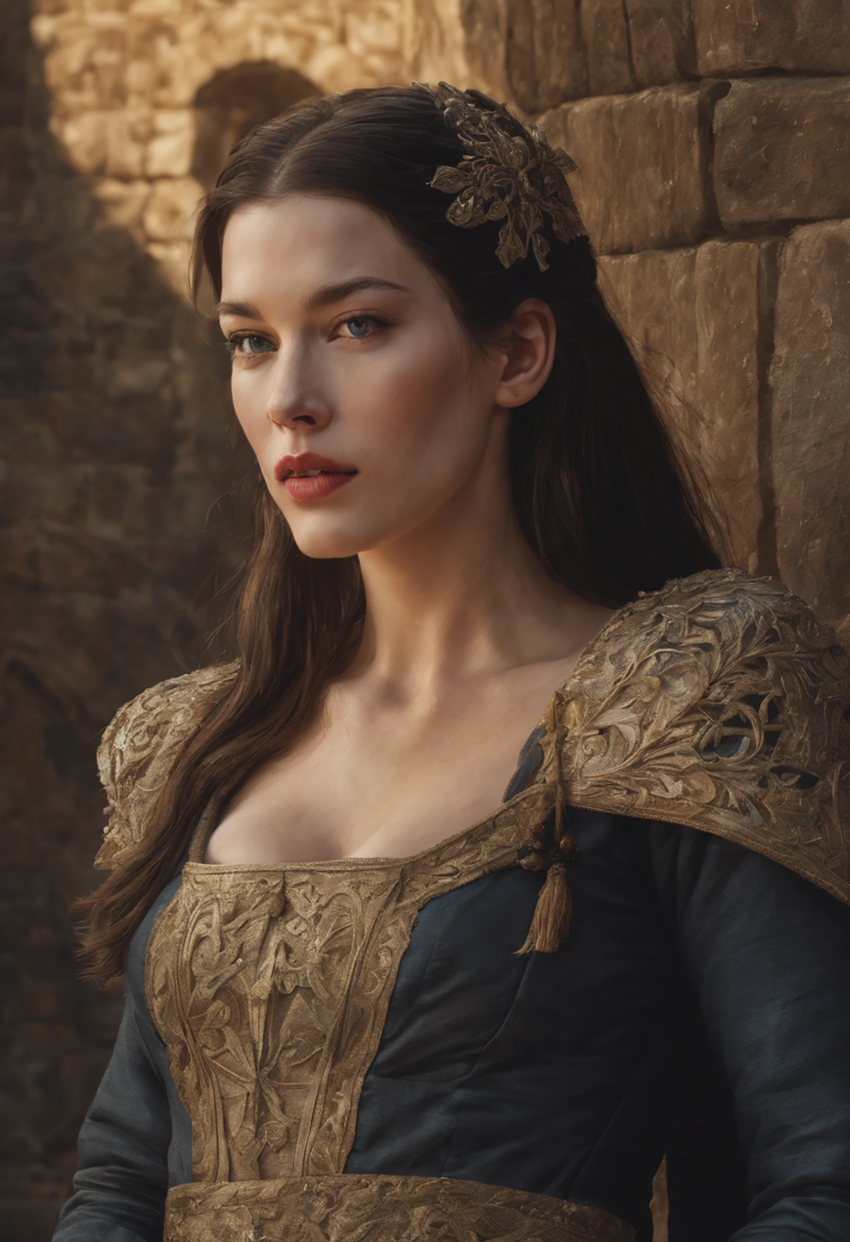 ((Liv Tyler), (Arwen)),  estilo modelshoot, Parece Keira Knightley, (extremamente detalhado CG unidade 8k papel de parede), foto corporal completa da obra de arte mais bonita do mundo, Bruxa medieval inglesa, Vale Verde, pearl skin,coroa de ouro, ouros, Plano de fundo detalhado com arquitetura medieval, professional majestic oil painting by Ed Blinkey, Atey Ghailan, ghibli studio, Directed by: Jeremy Mann, Greg Manxadinho, Antonio Moro, trending on ArtStation, trending in cgsociety, intrincado, High detail, foco nítido, Dramatic, Arte de pintura fotorrealista de Midjourney e Greg Rutkowski