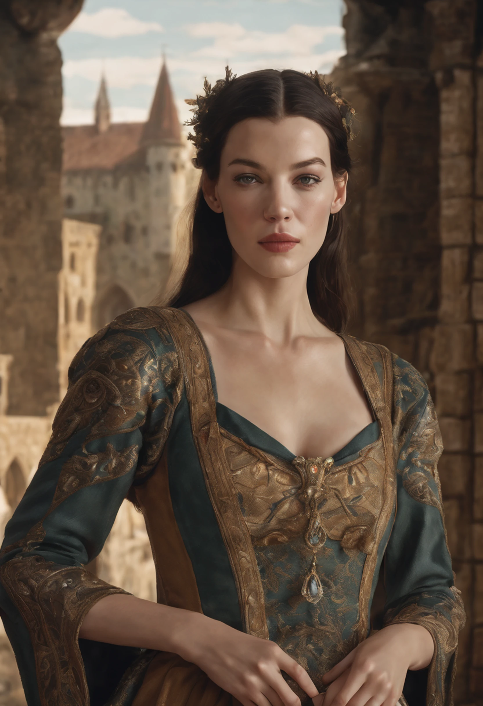 ((Liv Tyler), (Arwen)),  estilo modelshoot, Parece Keira Knightley, (extremamente detalhado CG unidade 8k papel de parede), foto corporal completa da obra de arte mais bonita do mundo, Bruxa medieval inglesa, Vale Verde, pearl skin,coroa de ouro, ouros, Plano de fundo detalhado com arquitetura medieval, professional majestic oil painting by Ed Blinkey, Atey Ghailan, ghibli studio, Directed by: Jeremy Mann, Greg Manxadinho, Antonio Moro, trending on ArtStation, trending in cgsociety, intrincado, High detail, foco nítido, Dramatic, Arte de pintura fotorrealista de Midjourney e Greg Rutkowski