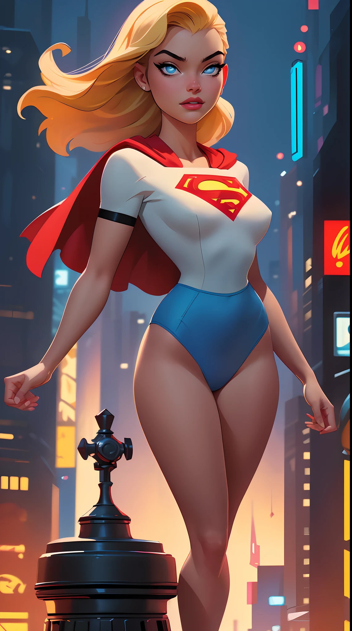 Supergirl,beautiful,dark complexion,blonde hair,American girl,flying in the sky,by Bob Byerley,by Charlie Bowater,by Ko Young Hoon,Background of New York City,classic 1940s look,(best quality,4k,8k,highres,masterpiece:1.2),ultra-detailed,(realistic,photorealistic,photo-realistic:1.37),oil painting,image quality similar to a master's work,UHD,stunning details,professional lighting,vivid colors,bokeh,powerful superheroine,confident expression,floating gracefully above the city,classic American comic book style,sharp focus,with a strong sense of movement, dynamic and captivating,eye-catching and energetic.