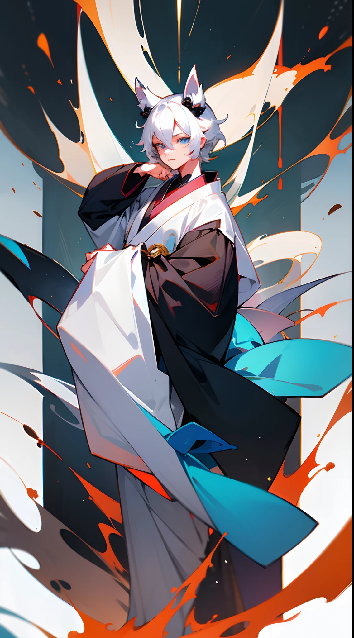 frontage, There is a man with white hair and cat ears, White hair, inspired by Bian Shoumin, God, Kimono， handsome japanese demon boy, heise jinyao, White fox ears, Cai Xukun's, sakimichan, onmyoji detailed art, Inspired by Hong Ren，Beautiful blue eyes，front facing，full bodyesbian，Standing Picture, Facing the front，The whole body is shown