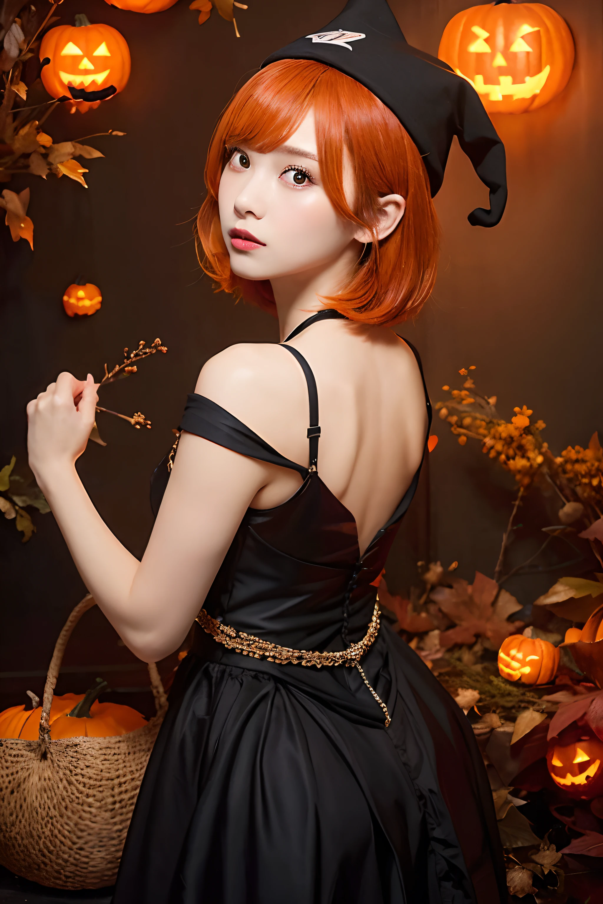 (Oil Painting, masutepiece, Best Quality, ultra-detailliert, Focus on character), short orange hair,Triangular Wizard Hat、Orange eyes ([Back:0.8]|[ facing back:1.1]), Serious face,open open mouth,Wizard Cosplay、Halloween,pumpkins, ([Cold Scenario:1.2]|[ Pumpkin background:1.3]| [High contrast:1.1])