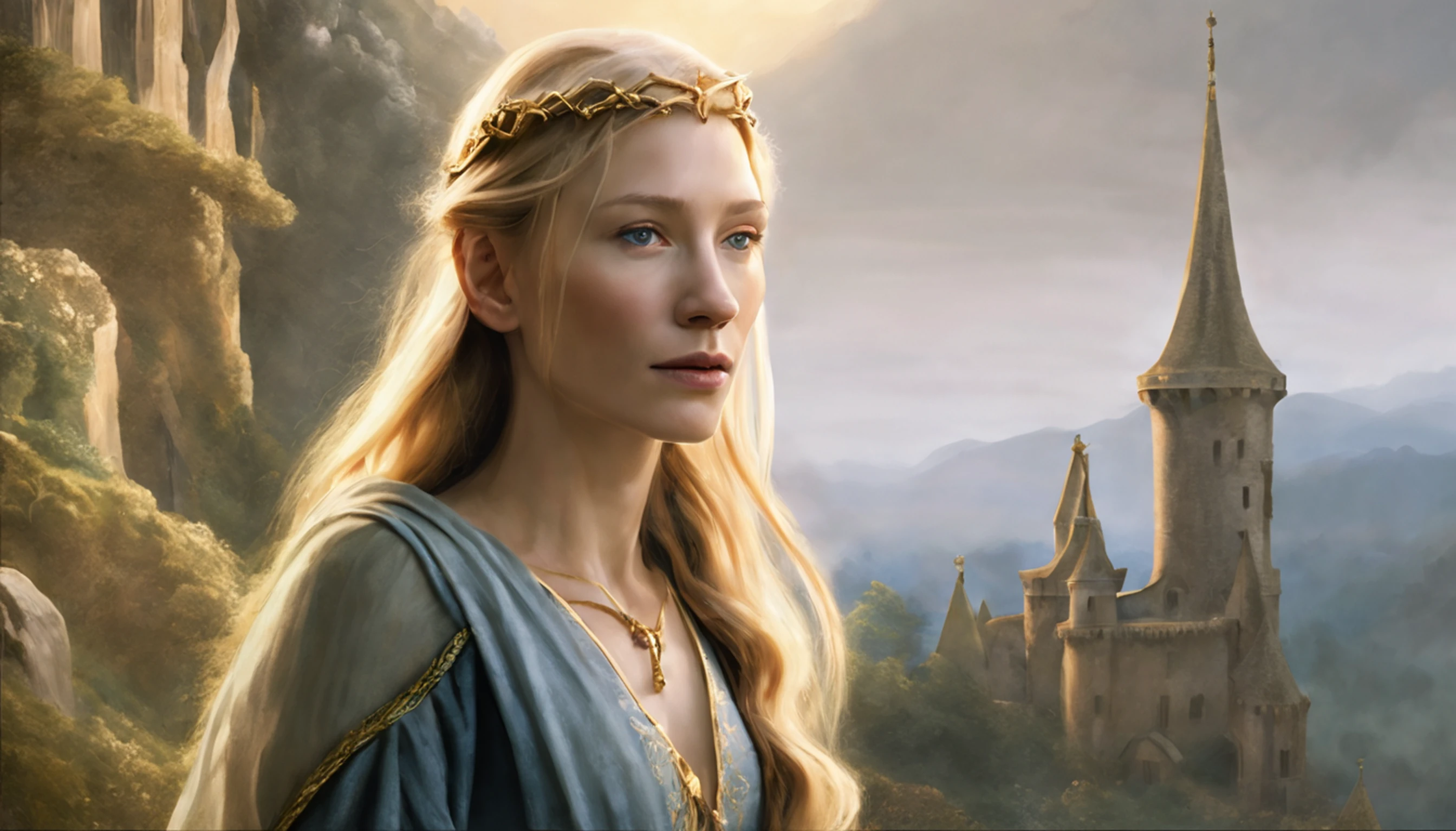 ((Cate Blanchett), (Galadriel)),  estilo modelshoot, Parece Keira Knightley, (extremamente detalhado CG unidade 8k papel de parede), foto corporal completa da obra de arte mais bonita do mundo, Bruxa medieval inglesa, Vale Verde, pearl skin,coroa de ouro, ouros, Plano de fundo detalhado com arquitetura medieval, professional majestic oil painting by Ed Blinkey, Atey Ghailan, ghibli studio, Directed by: Jeremy Mann, Greg Manxadinho, Antonio Moro, trending on ArtStation, trending in cgsociety, intrincado, High detail, foco nítido, Dramatic, Arte de pintura fotorrealista de Midjourney e Greg Rutkowski