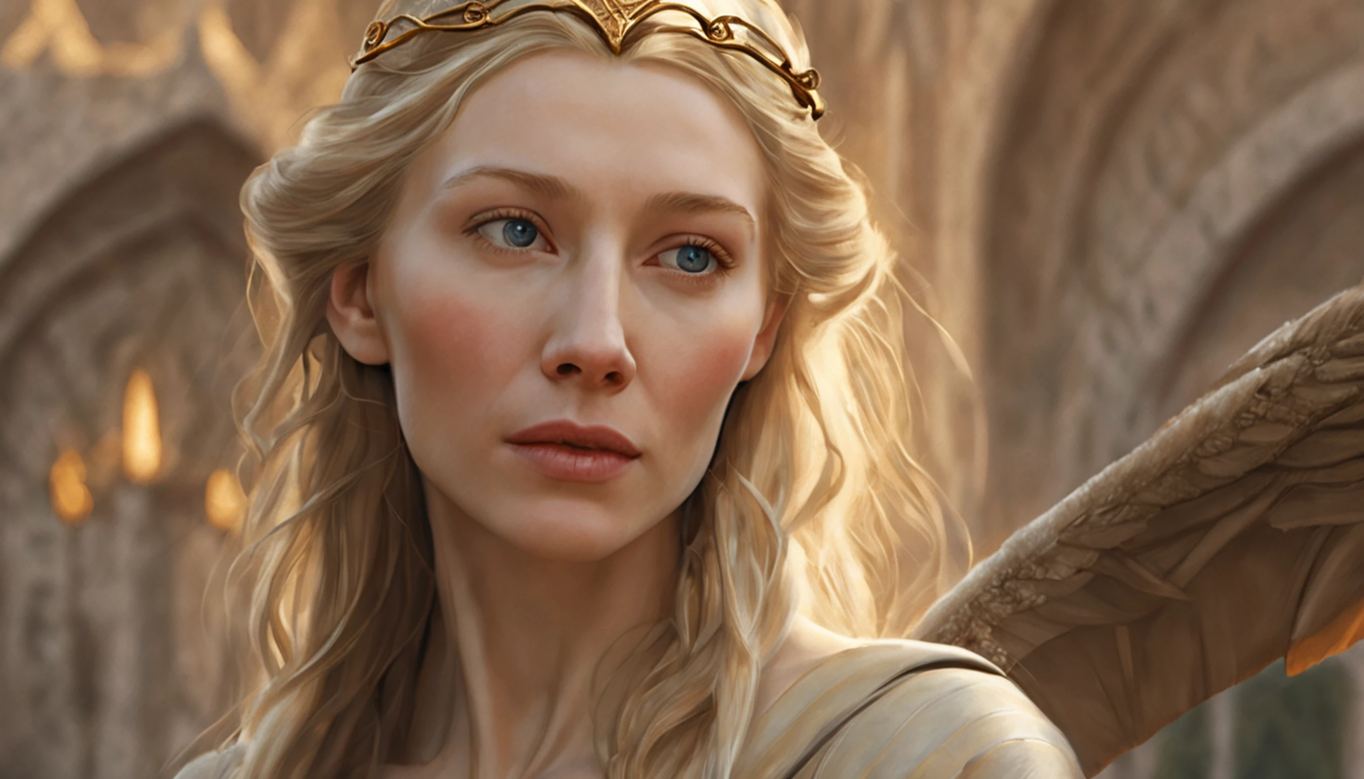 ((Cate Blanchett), (Galadriel)),  estilo modelshoot, Parece Keira Knightley, (extremamente detalhado CG unidade 8k papel de parede), foto corporal completa da obra de arte mais bonita do mundo, Bruxa medieval inglesa, Vale Verde, pearl skin,coroa de ouro, ouros, Plano de fundo detalhado com arquitetura medieval, professional majestic oil painting by Ed Blinkey, Atey Ghailan, ghibli studio, Directed by: Jeremy Mann, Greg Manxadinho, Antonio Moro, trending on ArtStation, trending in cgsociety, intrincado, High detail, foco nítido, Dramatic, Arte de pintura fotorrealista de Midjourney e Greg Rutkowski