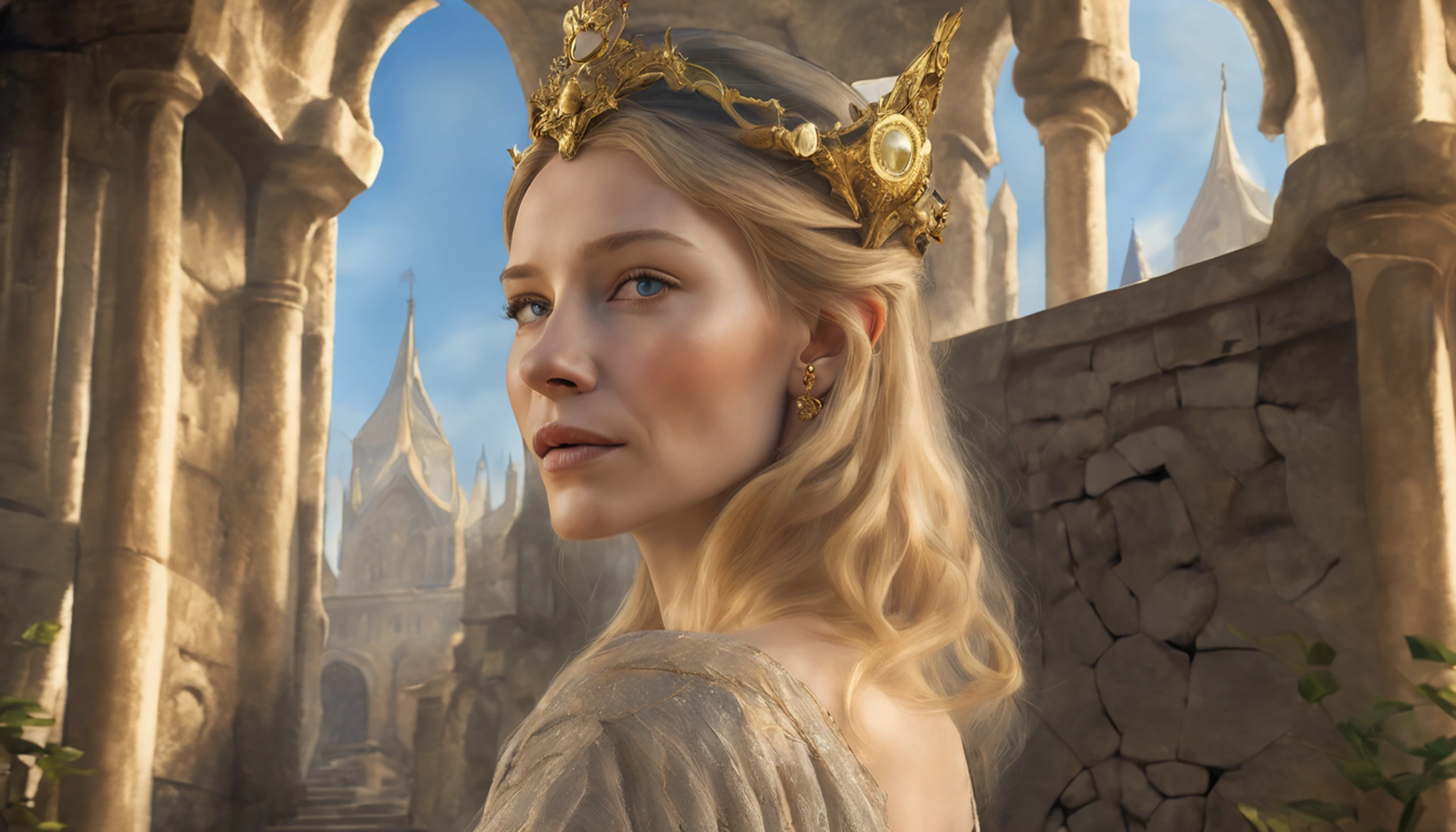((Cate Blanchett), (Galadriel)),  estilo modelshoot, Parece Keira Knightley, (extremamente detalhado CG unidade 8k papel de parede), foto corporal completa da obra de arte mais bonita do mundo, Bruxa medieval inglesa, Vale Verde, pearl skin,coroa de ouro, ouros, Plano de fundo detalhado com arquitetura medieval, professional majestic oil painting by Ed Blinkey, Atey Ghailan, ghibli studio, Directed by: Jeremy Mann, Greg Manxadinho, Antonio Moro, trending on ArtStation, trending in cgsociety, intrincado, High detail, foco nítido, Dramatic, Arte de pintura fotorrealista de Midjourney e Greg Rutkowski