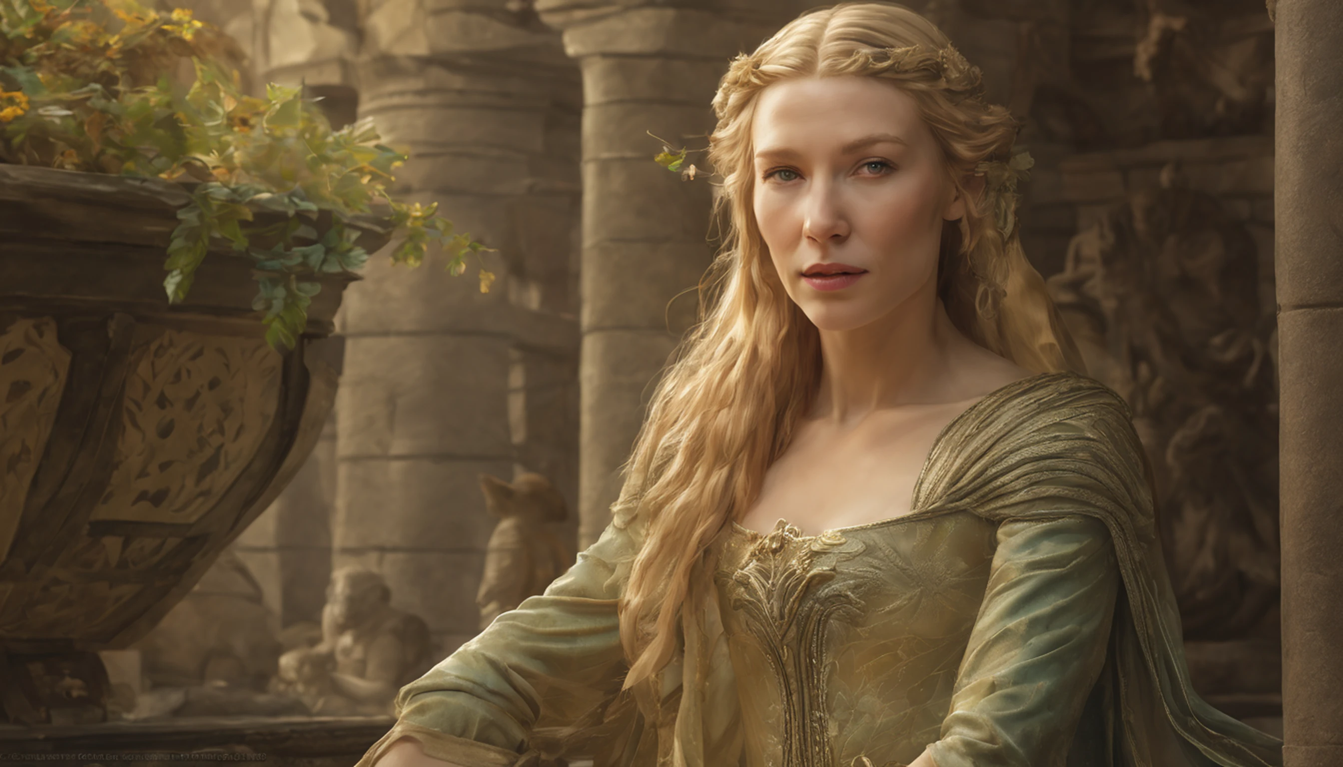 ((Cate Blanchett), (Galadriel)),  estilo modelshoot, Parece Keira Knightley, (extremamente detalhado CG unidade 8k papel de parede), foto corporal completa da obra de arte mais bonita do mundo, Bruxa medieval inglesa, Vale Verde, pearl skin,coroa de ouro, ouros, Plano de fundo detalhado com arquitetura medieval, professional majestic oil painting by Ed Blinkey, Atey Ghailan, ghibli studio, Directed by: Jeremy Mann, Greg Manxadinho, Antonio Moro, trending on ArtStation, trending in cgsociety, intrincado, High detail, foco nítido, Dramatic, Arte de pintura fotorrealista de Midjourney e Greg Rutkowski