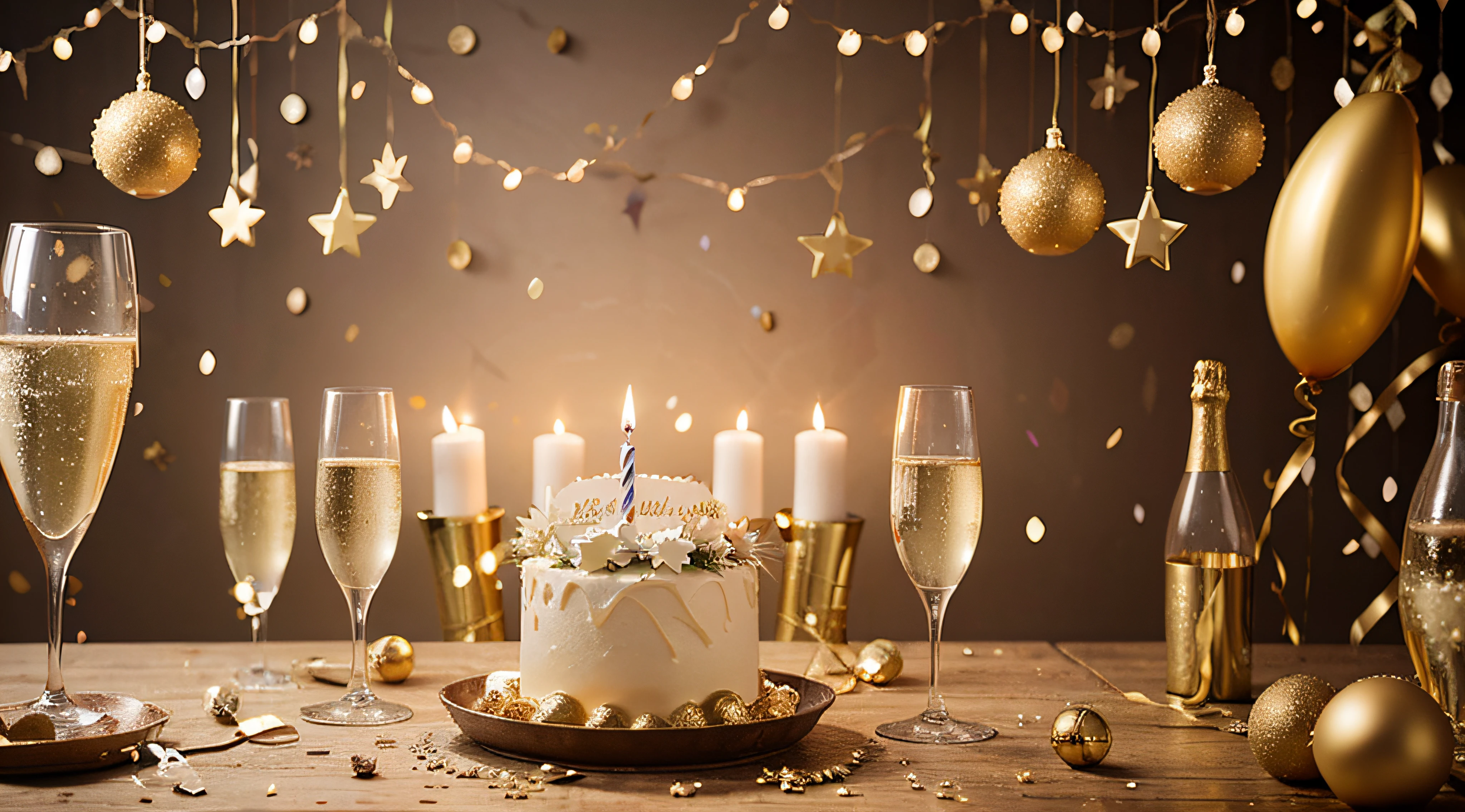 Celebration background with golden champagne bottle, confetti stars and party streamers. Christmas, birthday or wedding concept. copy space.