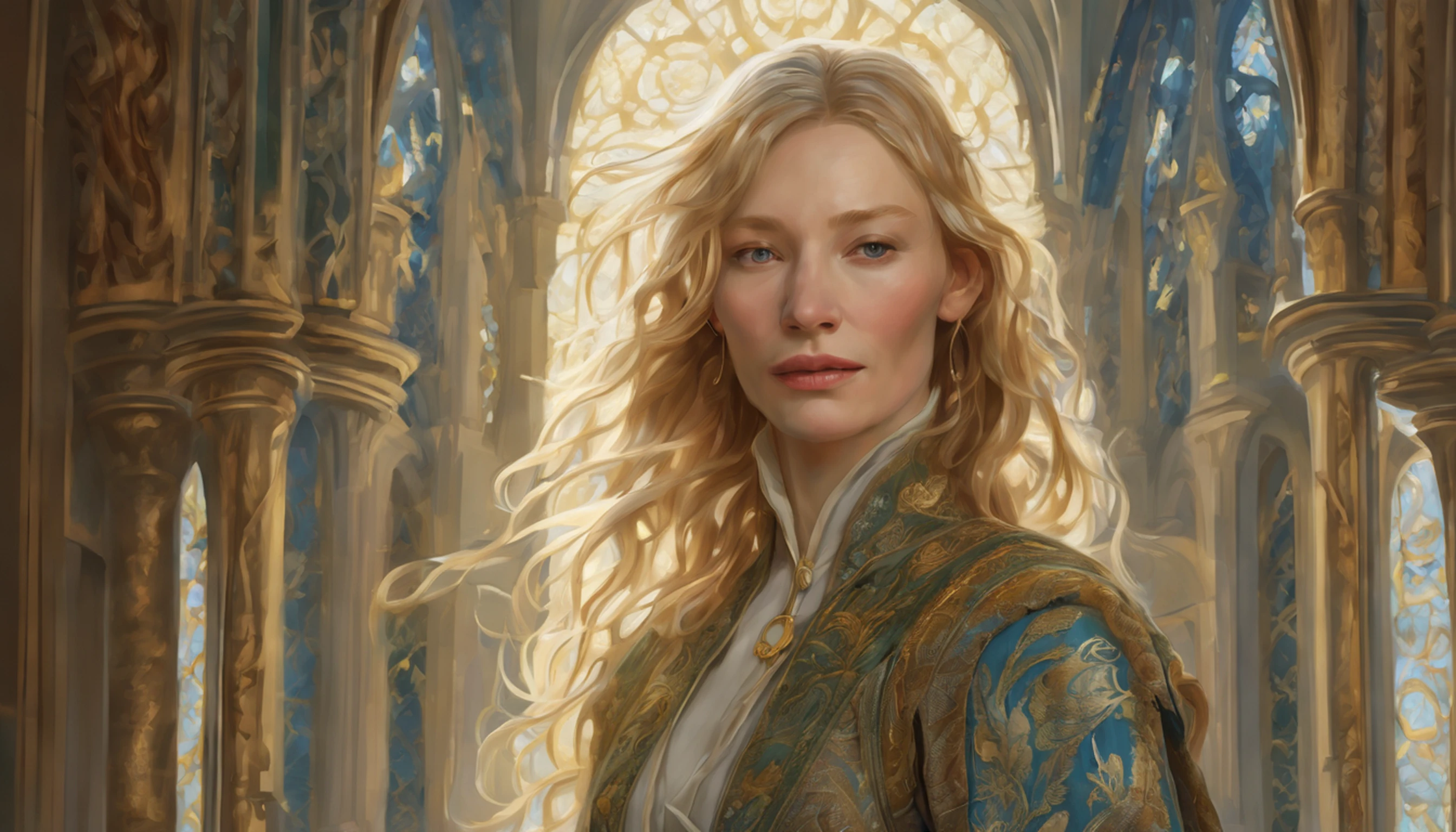 ((Cate Blanchett), (Galadriel)), estilo modelshoot, Parece Keira Knightley, (extremamente detalhado CG unidade 8k papel de parede), foto corporal completa da obra de arte mais bonita do mundo, Bruxa medieval inglesa, Vale Verde, pearl skin,coroa de ouro, ouros, Plano de fundo detalhado com arquitetura medieval, professional majestic oil painting by Ed Blinkey, Atey Ghailan, ghibli studio, Directed by: Jeremy Mann, Greg Manxadinho, Antonio Moro, trending on ArtStation, trending in cgsociety, intrincado, High detail, foco nítido, Dramatic, Arte de pintura fotorrealista de Midjourney e Greg Rutkowski