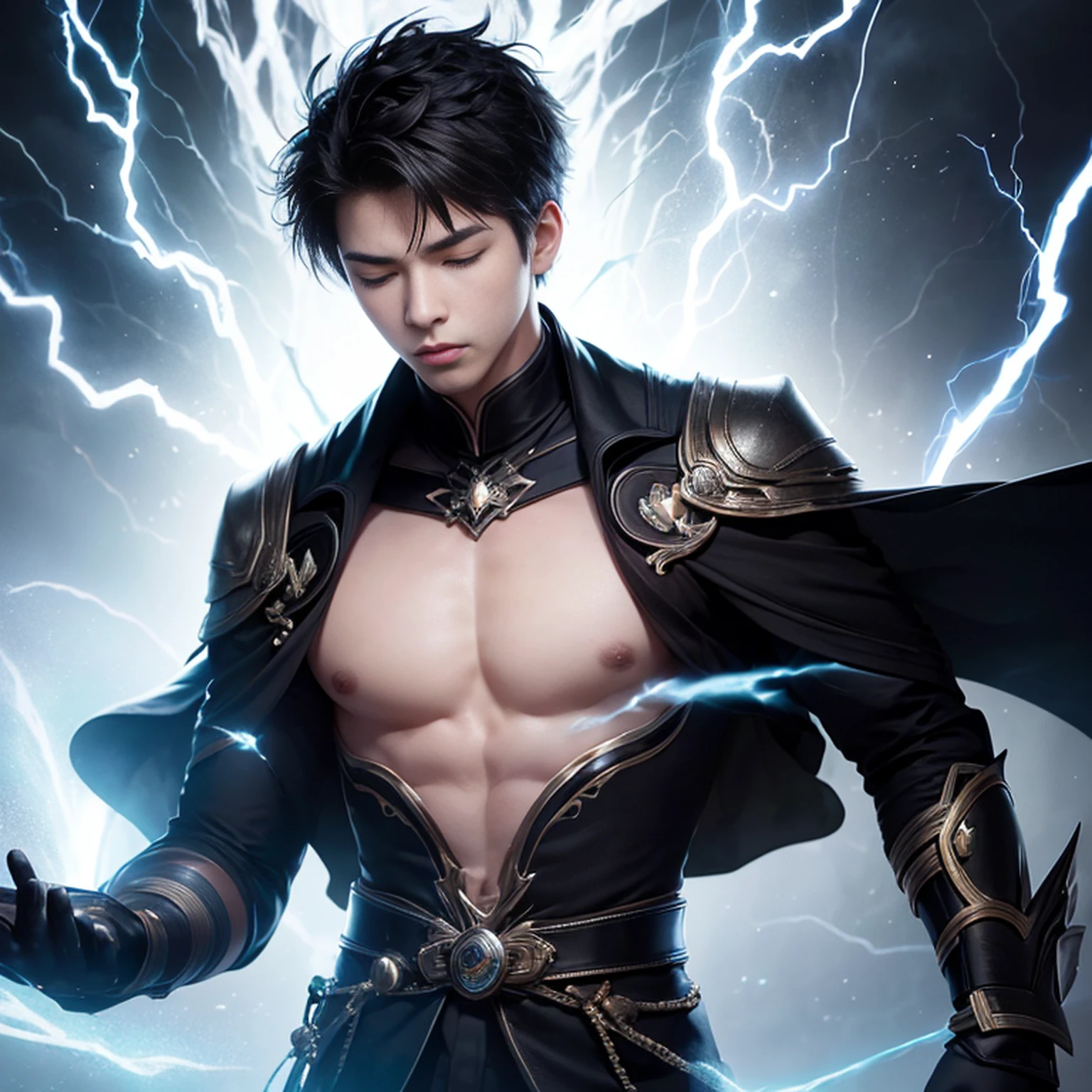 (Absurd, High Resolution), 16k, (Panorama), young man, Closed Eyes, Open Hands, Short Hair, Black Hair, Black Coat, White Underwear, Extreme Detail, Lightning, Magic, Magic Array, Exaggerated Light, Shine, Magic, Floating, Dusk,