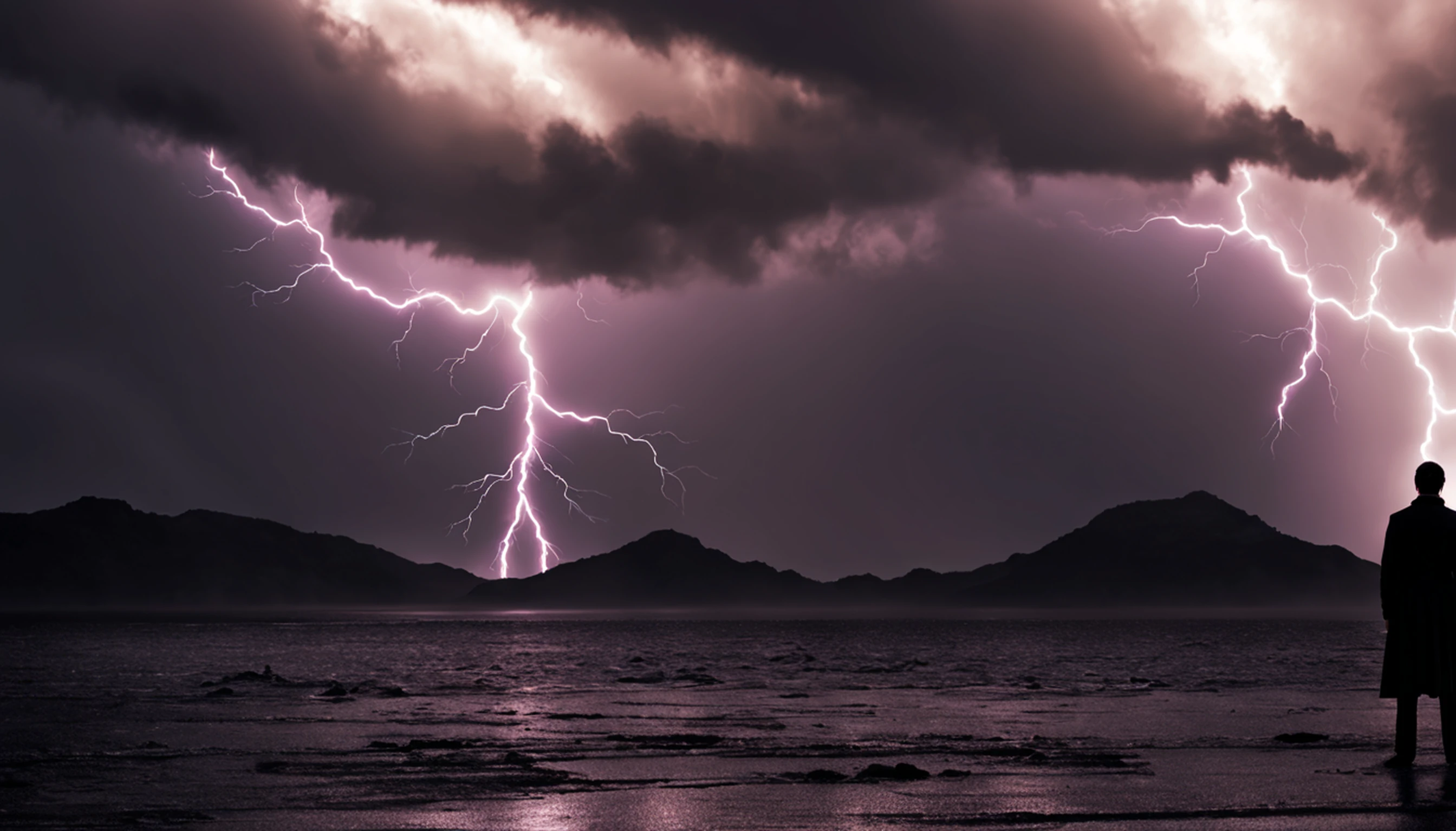 (Absurd, High Resolution), 16k, (Panorama), young man, Closed Eyes, Open Hands, Short Hair, Black Hair, Black Coat, White Underwear, Extreme Detail, Lightning, Magic, Magic Array, Exaggerated Light, Shine, Magic, Floating, Dusk,