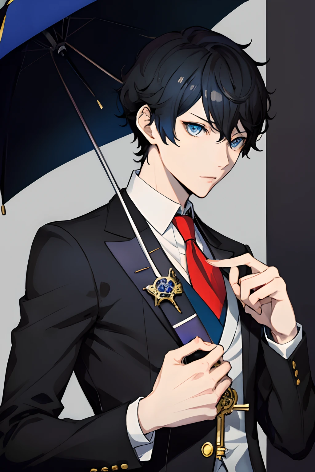 a close up of a person in a suit and tie, shigenori soejima illustration, inspired by Okumura Masanobu, persona 5 art style wlop, tall anime guy with blue eyes, key anime art, inspired by Yamagata Hiro, anime handsome man, inspired by Okumura Togyu, kentaro miura manga art style,holding a golden beetle pin