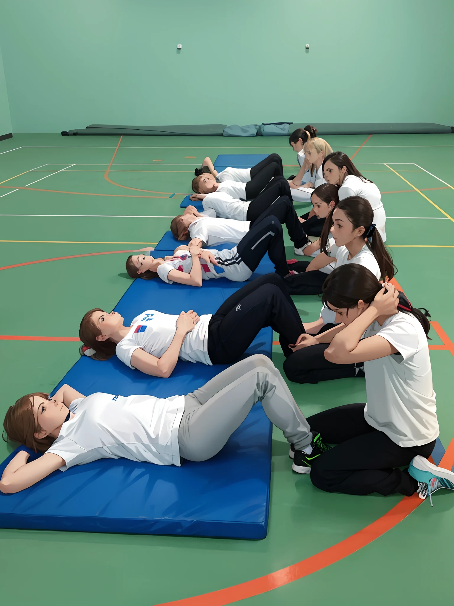 Several girls lying on a blue mat in the gym, stretch, Girls are resting, Uncircumcised, lying on his back, Rachel Reckitt, Dynamic stretching, relaxing, Tie Pose!, :6, 6 упаковок AB, Abs, the sweat, toned, workout, hard lighting!, Lying down with wrists together, contemporary, Sports environment, working out, sweating