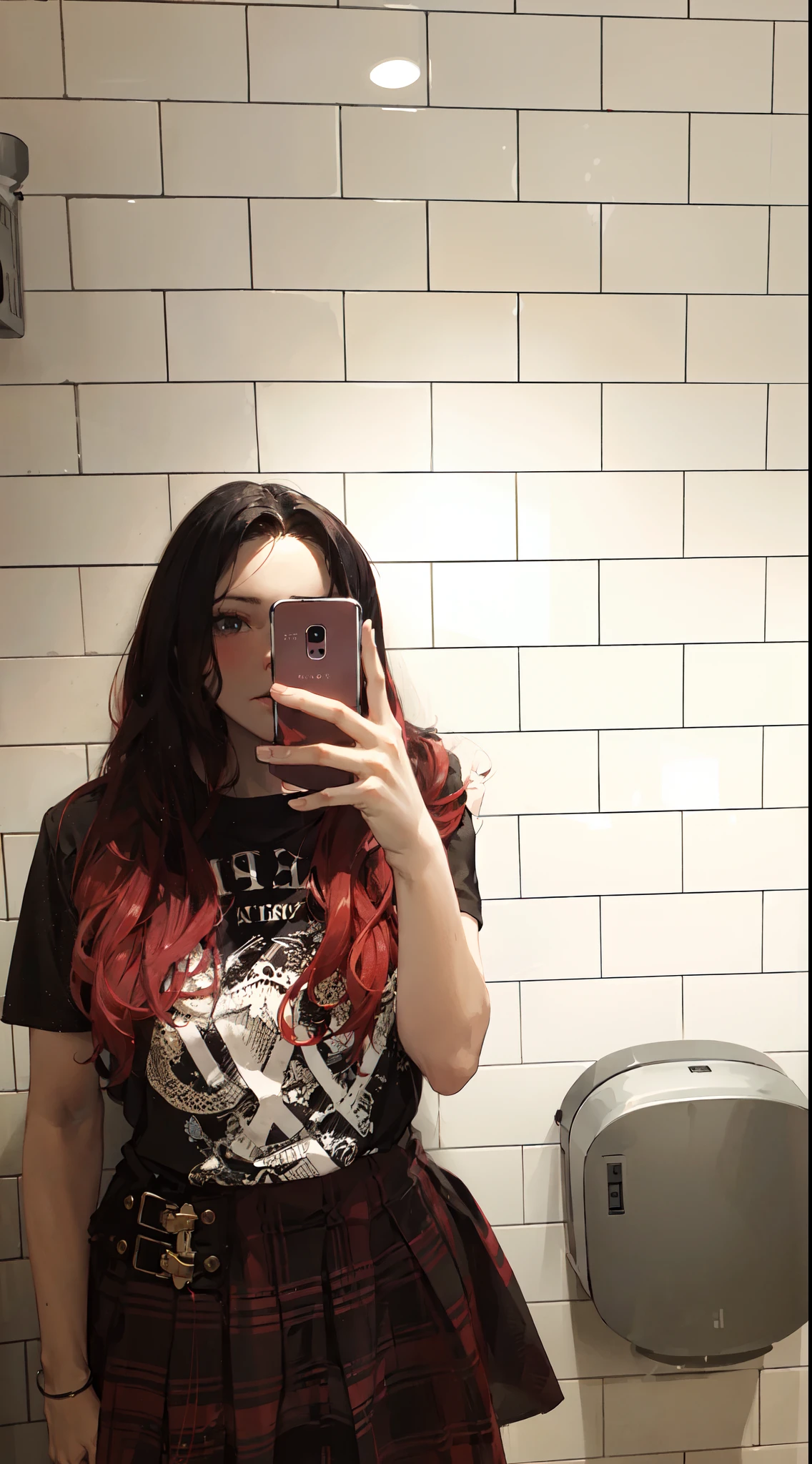 there is a woman taking a picture of herself in a bathroom, black and red hair, in bathroom, red dyed hair, in a bathroom, black and red hair hair, very long black/red hair, with red hair, with long red hair, very very low quality picture, selfie of a young woman