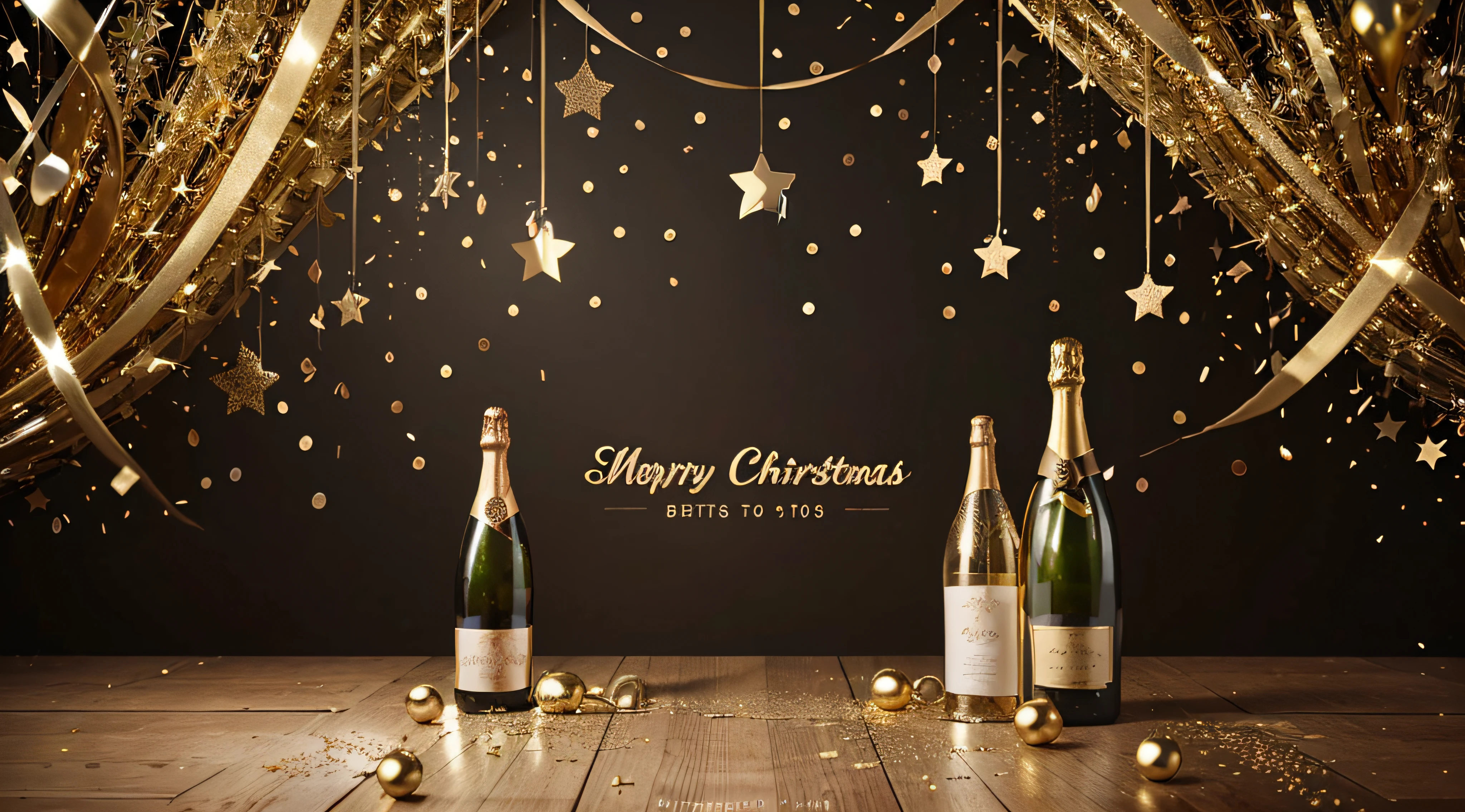 Celebration background with golden champagne bottle, confetti stars and party streamers. Christmas, birthday or wedding concept. copy space.