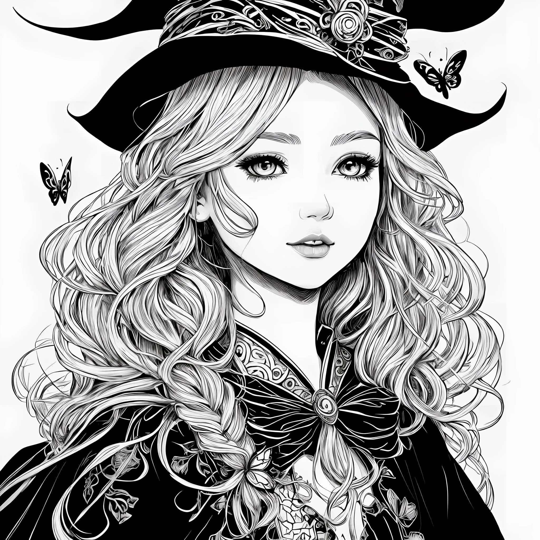 simple black and white clip art, Silhouette crisp line coloring page, happy kawaii cartoon exotic Fantasy breathtaking witch, white fancy witch dress with a cape costume, crisp line art, full symmetrical head, center of the frame, perfect detailed close up face portrait-fantasy on white background. It was a tribute to artstation, Aleksi Briclot‘ and Charlie Bowater‘s iconic style, digital art illustration, vector crisp line, sticker style, with beautiful big eyes and pointed hat and long curly hair hairstyle with white hair accessories, full head view, Boho coloring page, flawless line art, Isolated on dark background with the magical creature and colorful butterflies crisp line art