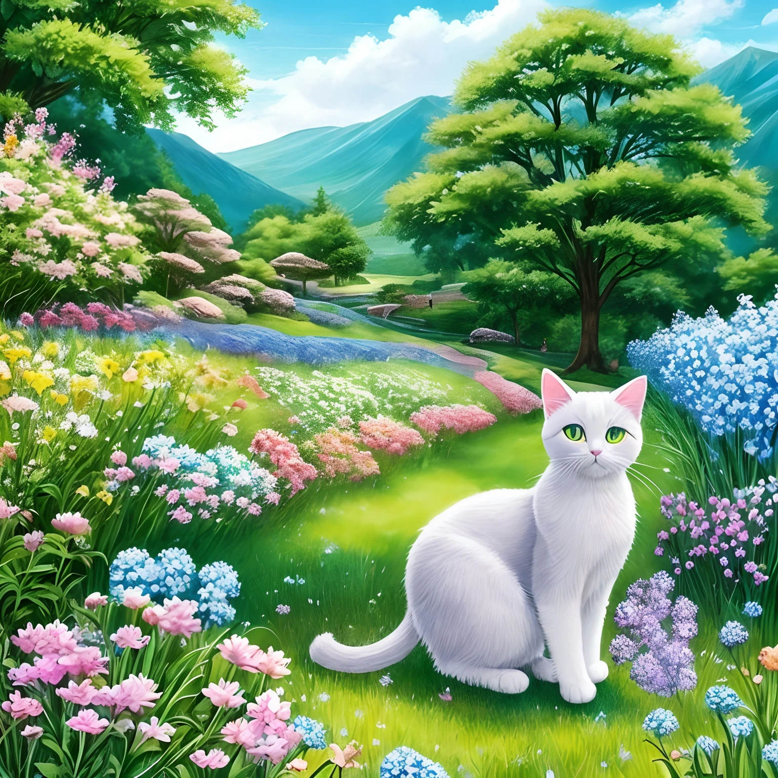 A picture of a adorable cat, cat has gray fur, cat has green eye, realistic amine cat, cute baby face cat, cat has long fluffy fur, cat in the a beautiful valley, valley has a large variety of flowers including forget-me-nots, the background of the scene is in watercolors, there is a tree the the right of the image, the tree is a evergreen, other flowers in the valley are lilies, lilac, lavender, roses, sunflowers, and carnations, the cute gray cat is in the foreground, the picture is a watercolor, realistic anime cat, furry cat, cute cat, an evergreen is a type of pine tree