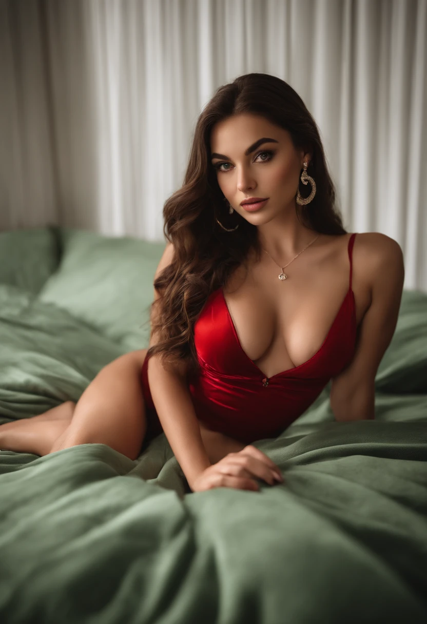 arafed woman with a wearing red lingerie and a necklace, sexy pose on top of the bed, sexy girl, sophie mudd, brown hair and large eyes, young woman,  violet myers, without makeup, natural makeup, face with artgram, subtle makeup, stunning full body shot, piercing green eyes