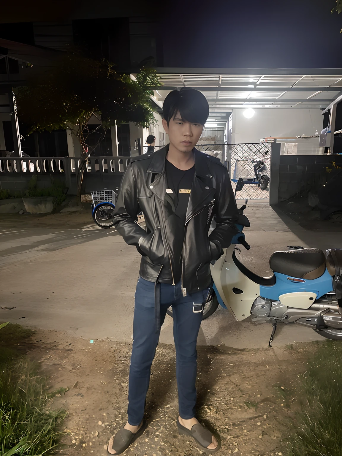 There was a man standing in front of a motorcycle in the parking lot.., thawan duchanee, Wear a samcrow leather jacket, cyclist, Dress in leather, cyclist., Wear a cyberpunk leather jacket, taken with sony alpha 9, Japanese Taekwear Wear, Casual posture, profile picture 1024px, very very low quality picture, Cool Poses, Full Pose