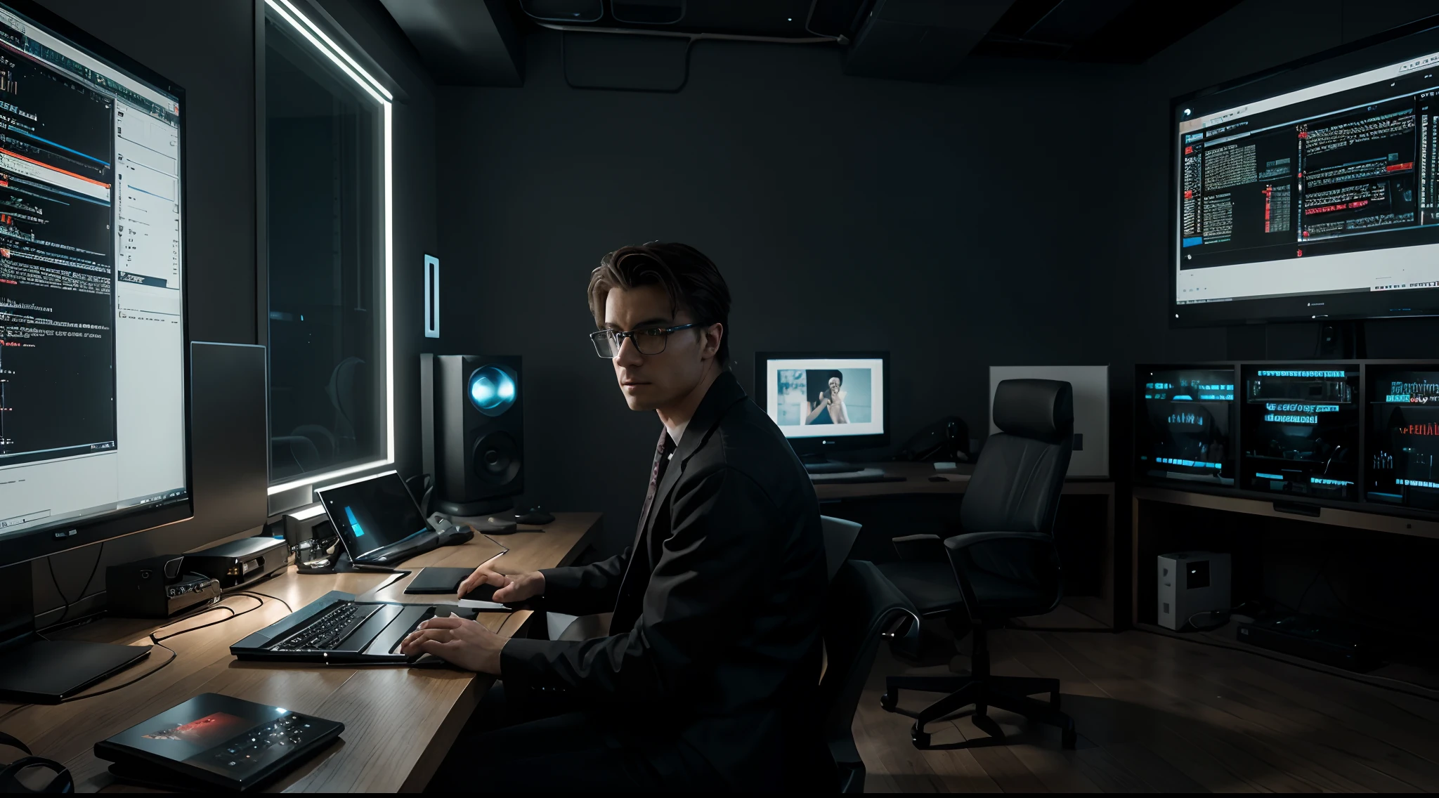 A Modern looking man with intellectual close by with a room with 2 big screen computers looking room and he is a programmer, A design and style is Cyberpunk Futuristic High Definition Image 4K