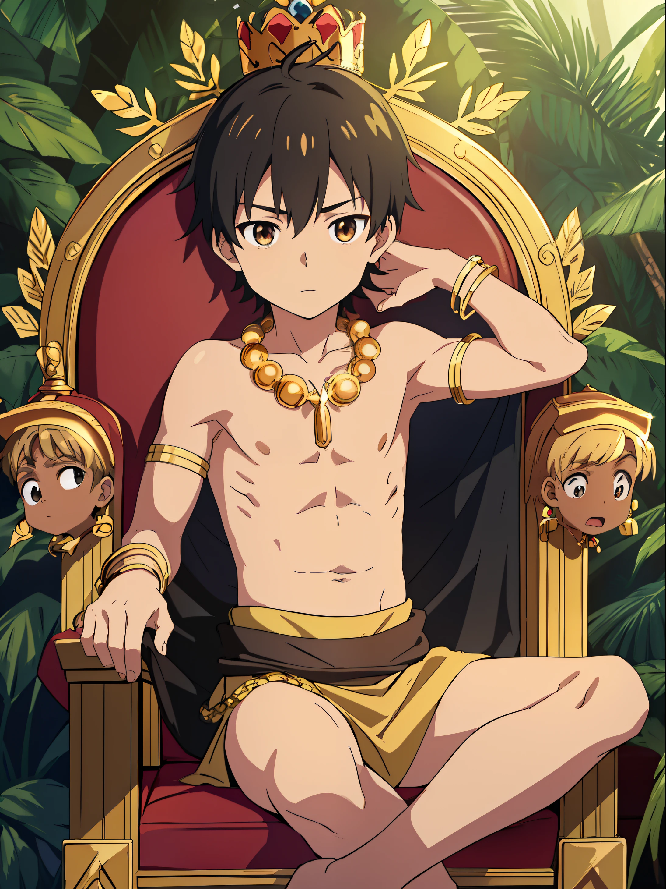 Highres, Masterpiece, Best quality at best,Best Quality,hight quality, hight detailed, Anime style, (little boys), (armpit), view from front, tribal chief, jungle, naked, black skin, , gold bracelet, gold necklace, crown of leaves, sitting on a wooden throne, (very young boy), (very small and short body)