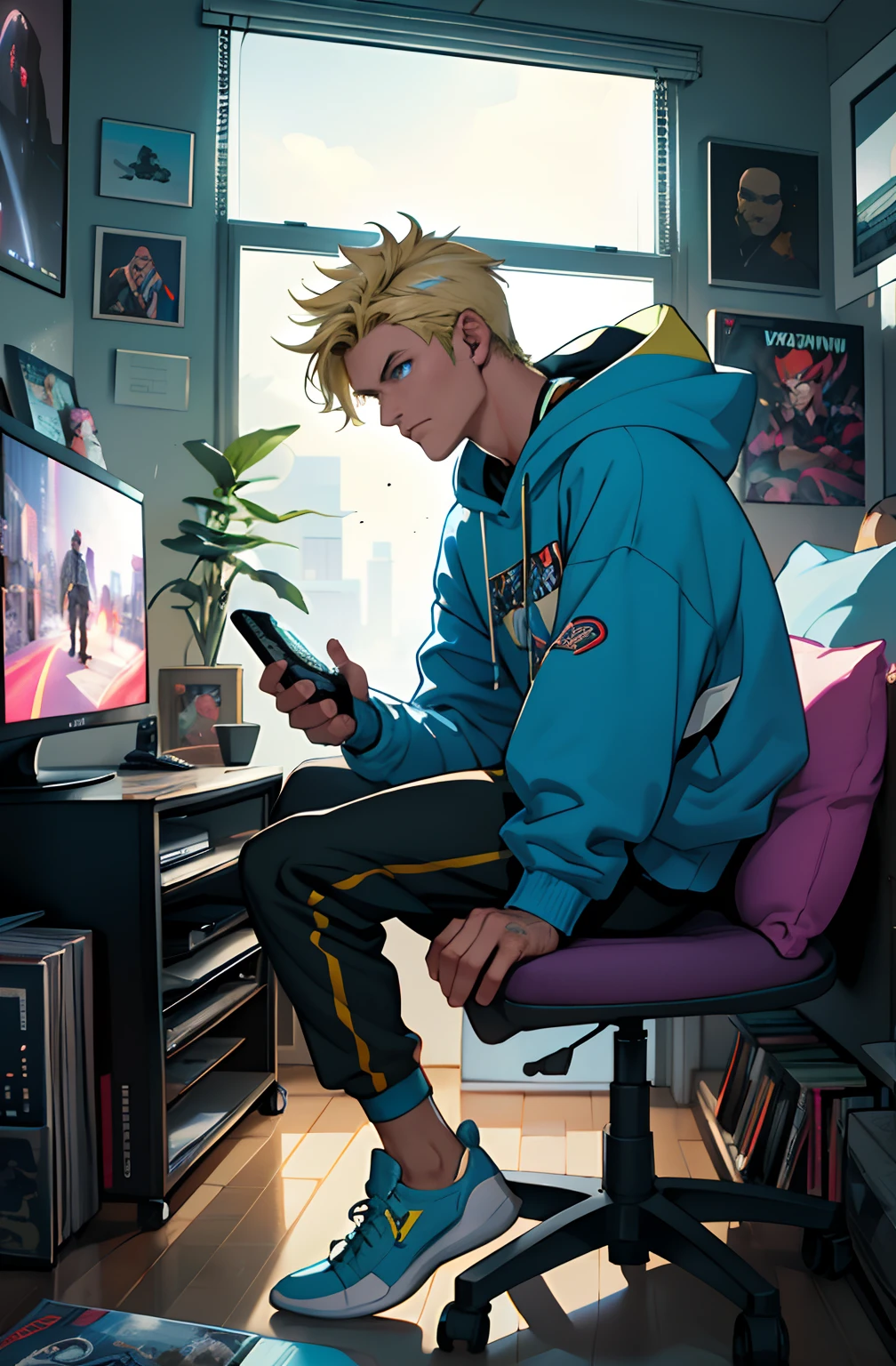 beste-Qualit, 1Woman, 独奏, Hot, grown up, hair light, deep, A detailed eye, short hair, piercing eyes, the perfect body, 25 years, Sexual, winning, sitting, Window, video game console, Monitor screen, tv set, Videotapes, VCR, earphones, tape recorder, skateboard, electric guitar, cars, View from the window, night city, neon lights, the panorama, a starry sky, galactic, motley, Full color, феерверк, Sofa, Playful, living room, Cosy, cheery, posters, pillows, blankets, lava lamp, a table, chair, cozy atmosphere, bright colours, soft pastels, Plants, Books, novels, Marvel figurines, posters, PICTURES, posters, wall scrolls, Stickers,  Ornaments, bed, blankets, pillows, warm blankets, comfortable clothes, casual wear, Hip-hop apparel, hoody, sweatpants, briefs, tshirt, t shirt, ankle socks, sneakers, curvy legs, blonde hair, blue eyes, with a controller in hands, looking into the camera