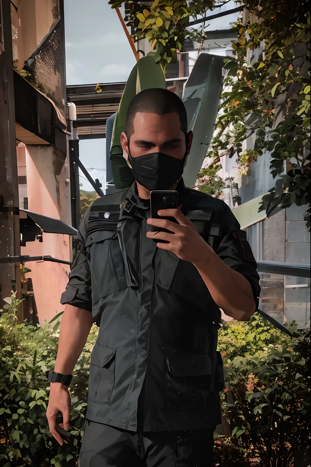 There was a man in military uniform looking at his cell phone., Wear tekwear and armor., Wear a takeware suit in the city., Wearing Japanese Taekwear, gowns: blow, Looks and clothing Techwear, Wear Techware space, Wear military uniform., Fashion Techwear, Full body specs shooting camera, Wear an all-black Mempo mask., Full Body Camera Shooter, techwear