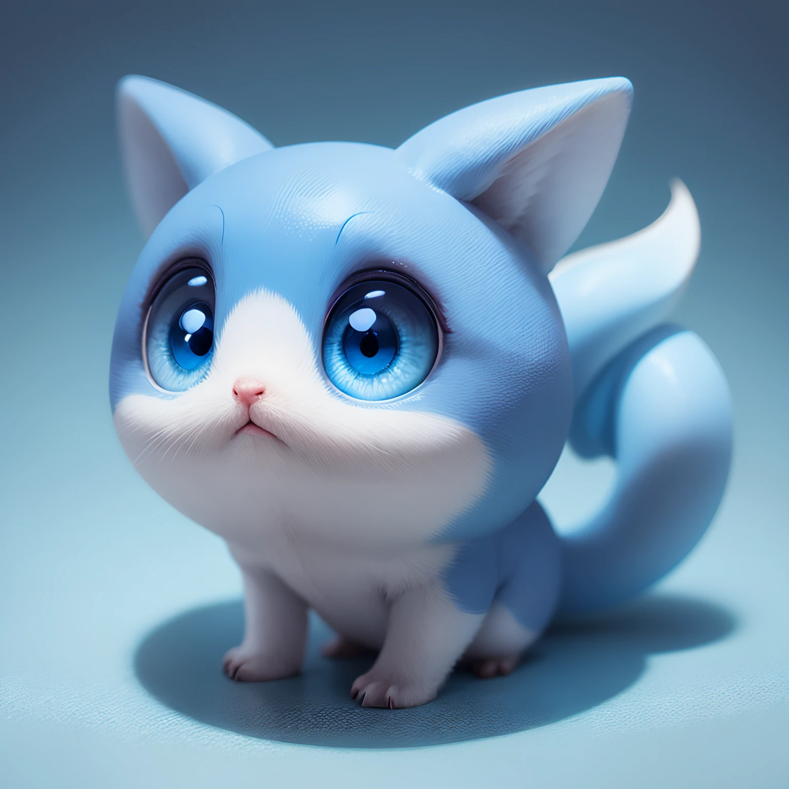 small cute creature, blue colour, big blue eyes, round shape, without body only have small head, small legs and small hands, beautiful background with pure colour.