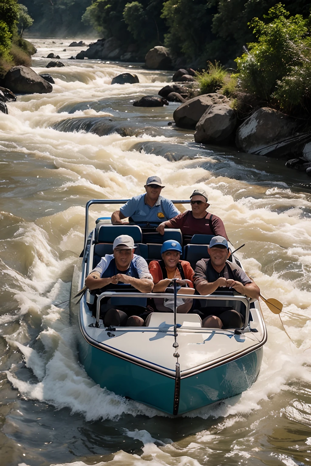 Three middle-aged men enjoying River Rapid Ride, Fujifilm texture, Imagem 4k, Qualidade HD,