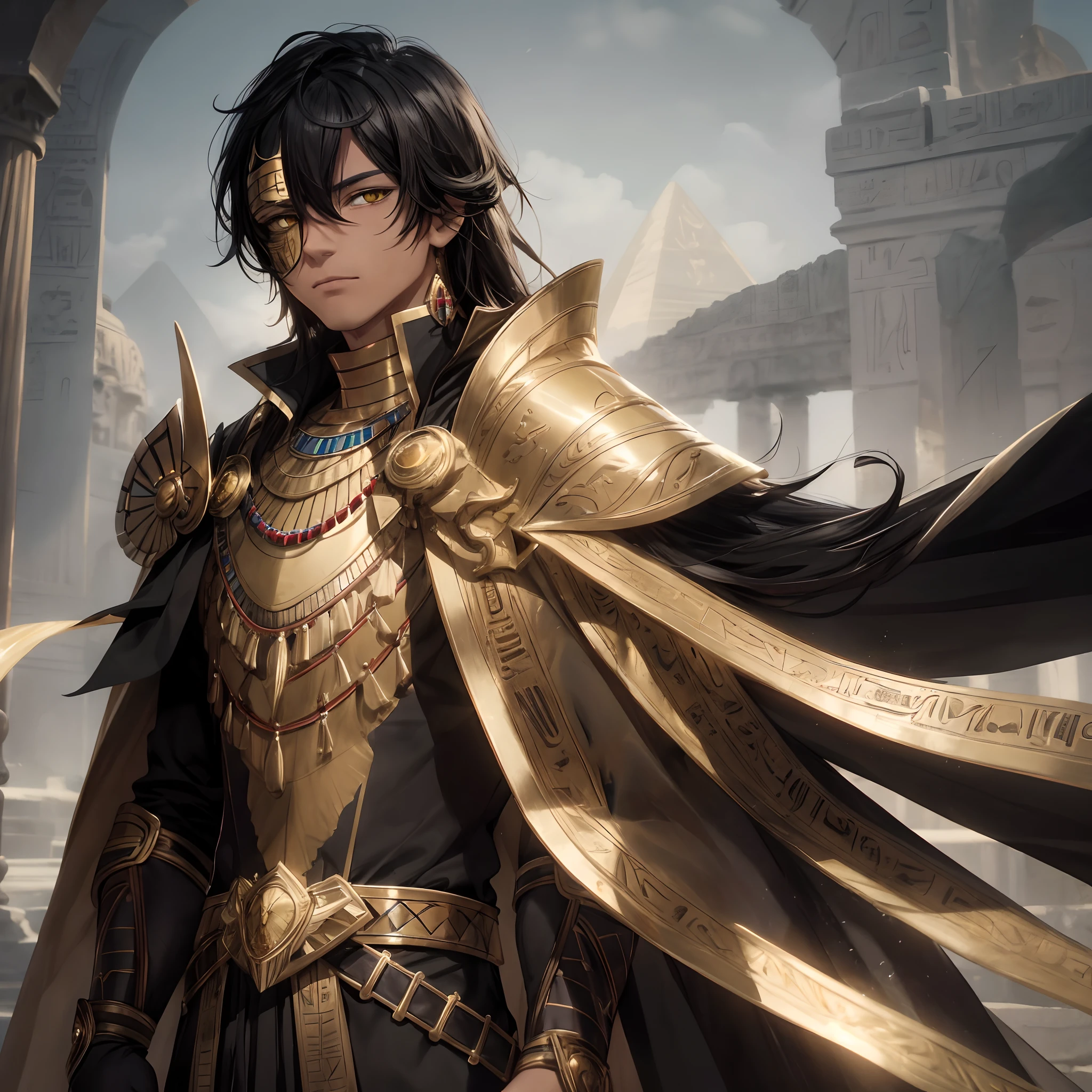 tan skin, masterpiece, best quality, 1man, adult, male focus, solo, long black hair, vibrant yellow eyes, looking at viewer, cape, High quality metal texture, closed mouth, upper body, bangs, high collar,(kbxll:0.6), Fantasy aesthetics, Highly detailed, shadowverse style, egyptian sorcerer, egyptian golden mask