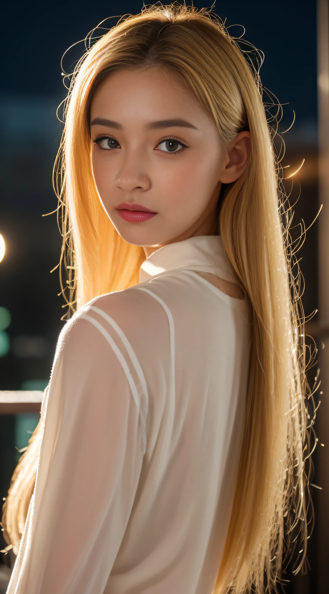 ((Midnight, Best Quality, 8K, Masterpiece: 1.3, Realistic)), Full Body: 1.4, Slender Abs: 1.2, ((Long ash-blonde hair, Wet hair, Medium Breasts: 1.2)), (Tight white tshirts, Tight jean bib, Standing: 1.1), (Outdoor, Rooftop, Realistic city background, Night lights), Highly detailed face and skin texture, detailed eyes, double eyelids, 1 person, (Seductive random pose, Face looking at the camera, Top angle camera view, Full camera view)