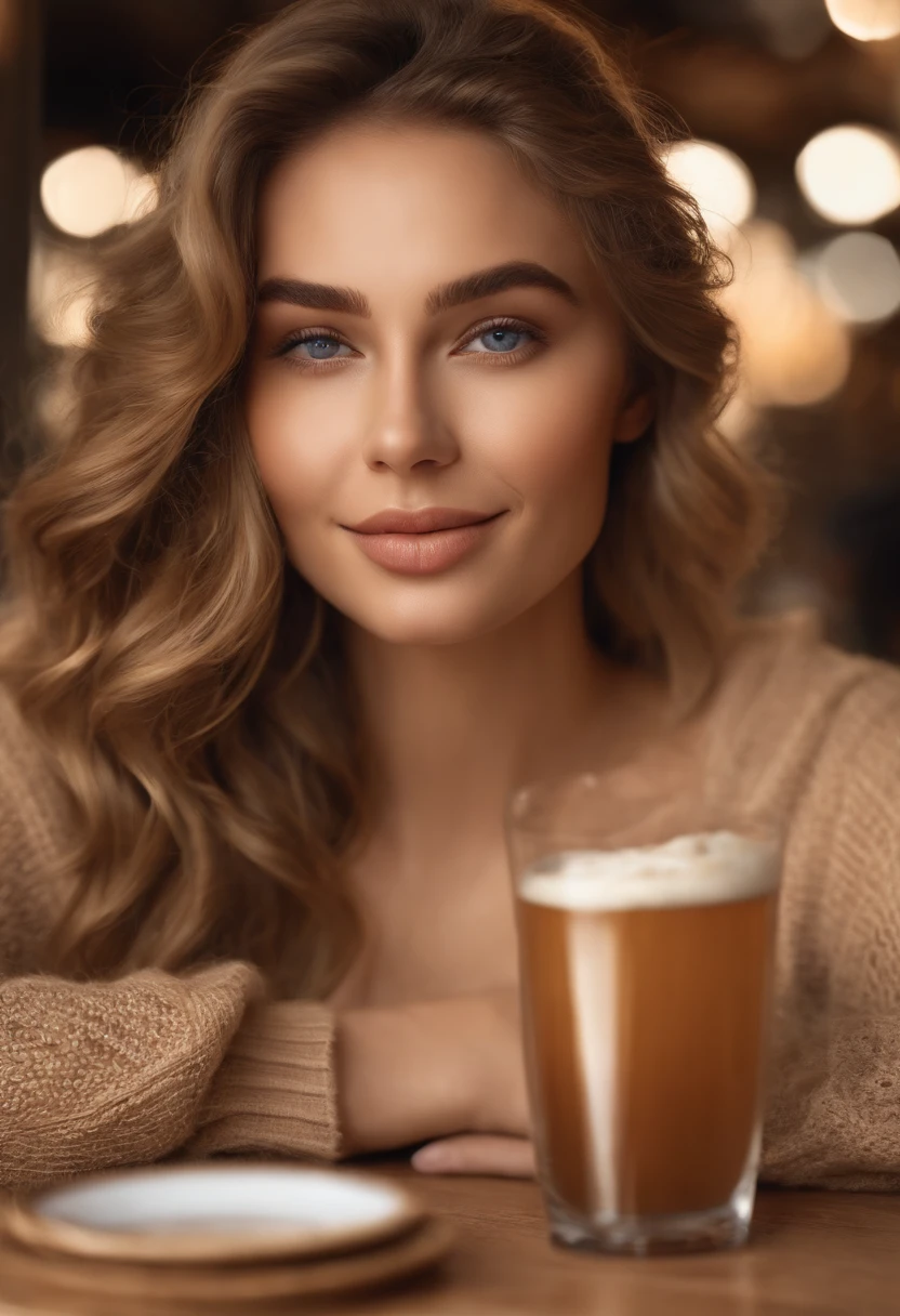 Belle brune aux reflets blonds portant un pull beige (in a café drinking soda), Very detailed, 22 ans, visage innocent, natural wavy hair, yeux bleus, High resolution, Masterpiece, Best quality, intricate high detail, highly detailed, mise au point nette, detailed skin, realistic skin texture, texture, detailled eyes, professionnel, 4K, sourire charmant, filmed on Canon, 85 mm, faible profondeur de champ, Couleur Kodak Vision, perfect fit body, Extremely detailed, photographier_\(ultra\), photoreallistic, Realstic, Post-traitement, maximum details, roughness, real life, ultra realist, photorealism, photographie, 8K UHD, photographie