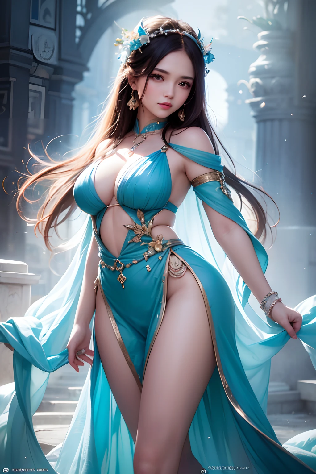 Absolute beauty, Jade Beauty, Face of the Goddess, Heroine Xianxia, Lots of silk, (Best Quality,4k,8K,hight resolution,Masterpiece:1.2),Ultra-detailed,(Realistic,Photorealistic,photo-realistic:1.37), HDR, UHD, studio lightning, ultra-fine painting, sharp-focus, physical based rendering, extreme detail description, Professional, Vivid colors, bokeh, portrai, landscape, Horror, the anime, Sci-Fi, photografic, Concept Artists, bright colours, soft pastels, Gentle light, ethereal ambiance, Tranquil environment, flowing water, blooming flowers, Intricate Patterns, intricate hairstyle, Delicate jewelry, flowing clothes, Elegant posture, serene expression, radiant & Glowy skin, Long and delicate limbs, Mesmerizing eyes, gentle smile, fine makeup, Enchanting background, Mystical creatures, Dynamic action, Supernatural forces, Dazzling Effects.